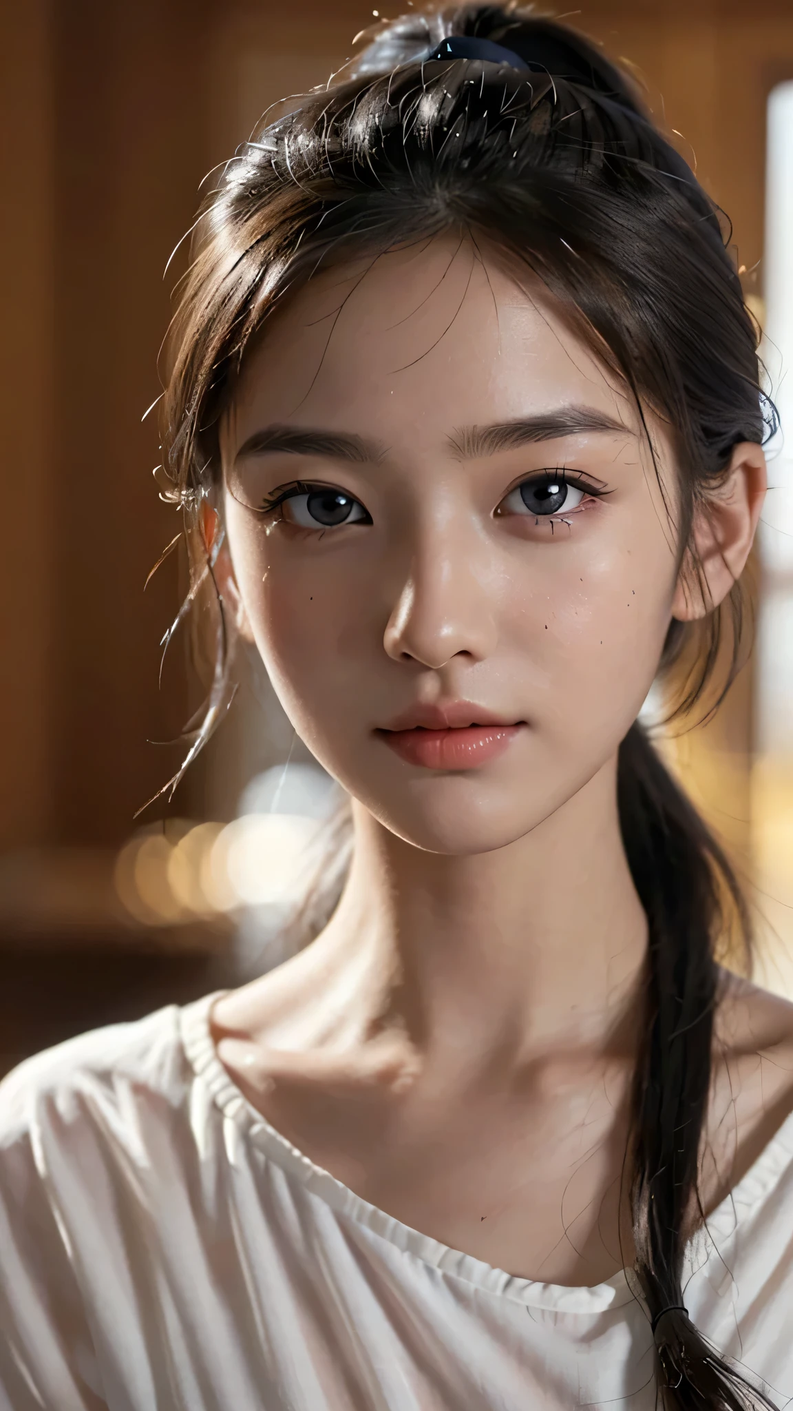 one woman,full body photo,table top, best image quality, high quality, The background is clear，Beautiful woman, Japanese, be familiar with, be familiar with eyes, be familiar with skin, beautiful skin, 超High resolution, (reality: 1.4),very beautiful woman, a little young face, beautiful skin, thin, (ultra photoreal sim), (High resolution), (8k), (非常にbe familiar with) (beautiful detailed eyes), (超be familiar with),   (be familiar with face), view viewer, small details, be familiar with face, look straight ahead, look straight ahead, reality的な写真, bright lighting, professional lighting, black hair,ponytail,baby face,16 years old,髪型はponytailです,ロングponytailの髪型,slight smile,cute clothes、girly clothes、casual clothes