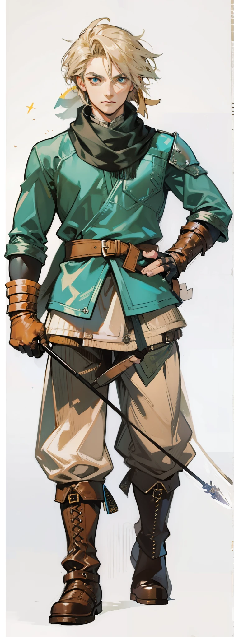(Link:1)(Warrior:1), (adult man:1.33), standing, full body, leather combat boots, beige pants, gloves , (narrow eyebrows:0.33), (confident:1.4), (smiling:0.4), (clenching fists:0.33), scarf, holding riding crop,male,confident,strong,tall, from_below, dominant,bdsm,evil,staring