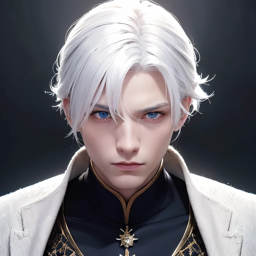 Boy, white hair, blue eyes, sharp, serious features, white skin