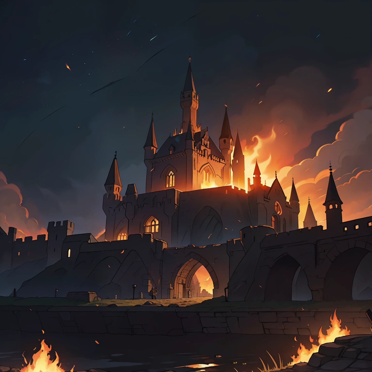 awesome quality, 8k resolution, dungeons and dragons ambient, medieval city landscape, rpg scenario, fire sparks in background,castle ruins construction blurred in far background, war scenario