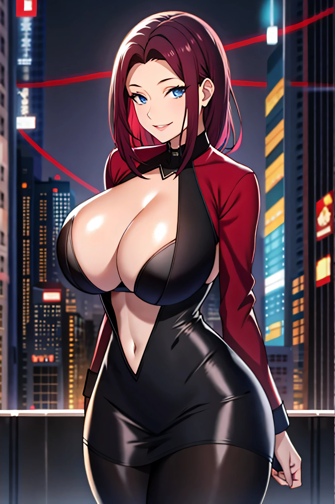 burgundy hair, blue eyes, solo, smiling, standing, upper body, hips, gigantic breasts, black clothes, cleavage