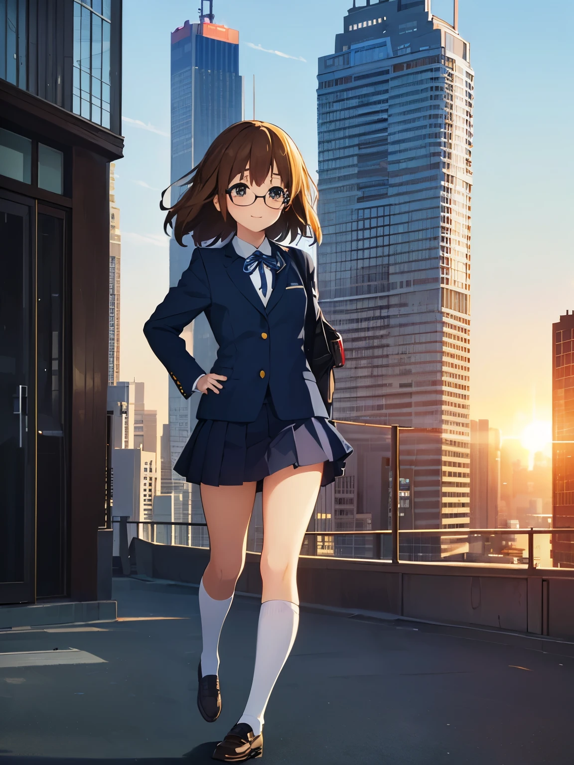 1girl, (((​masterpiece))),(((full body))), top-quality, top-quality, High Details, Hirasawa Yui, 1girl, Sakuragaoka High School Uniform, student clothes, two yellow hairpin, short hair, A brown-haired, brown-eyed, glasses, solo, reddish, Dark blue blazer with thin blue ribbon, Solid white buttoned shirt under blazer, read a book, illustratio, comic strip, soothing tones, Subdued Color, Soft cinematic light, adobe lightroom, photolab, HDR, intricately and hyper-detailed、(((depth of fields))))。(((​masterpiece)))。(((top-quality))).)((ultra-detailliert)))。(((illustratio)))。(((takeout))).dynamic focus.big breasts.(((Skyscrapers))).(((A city scape))).(((Face of happiness))). Smile mouth.(((put hands on the hip))).(((up chest))).((afternoon glow)).((the setting sun)).