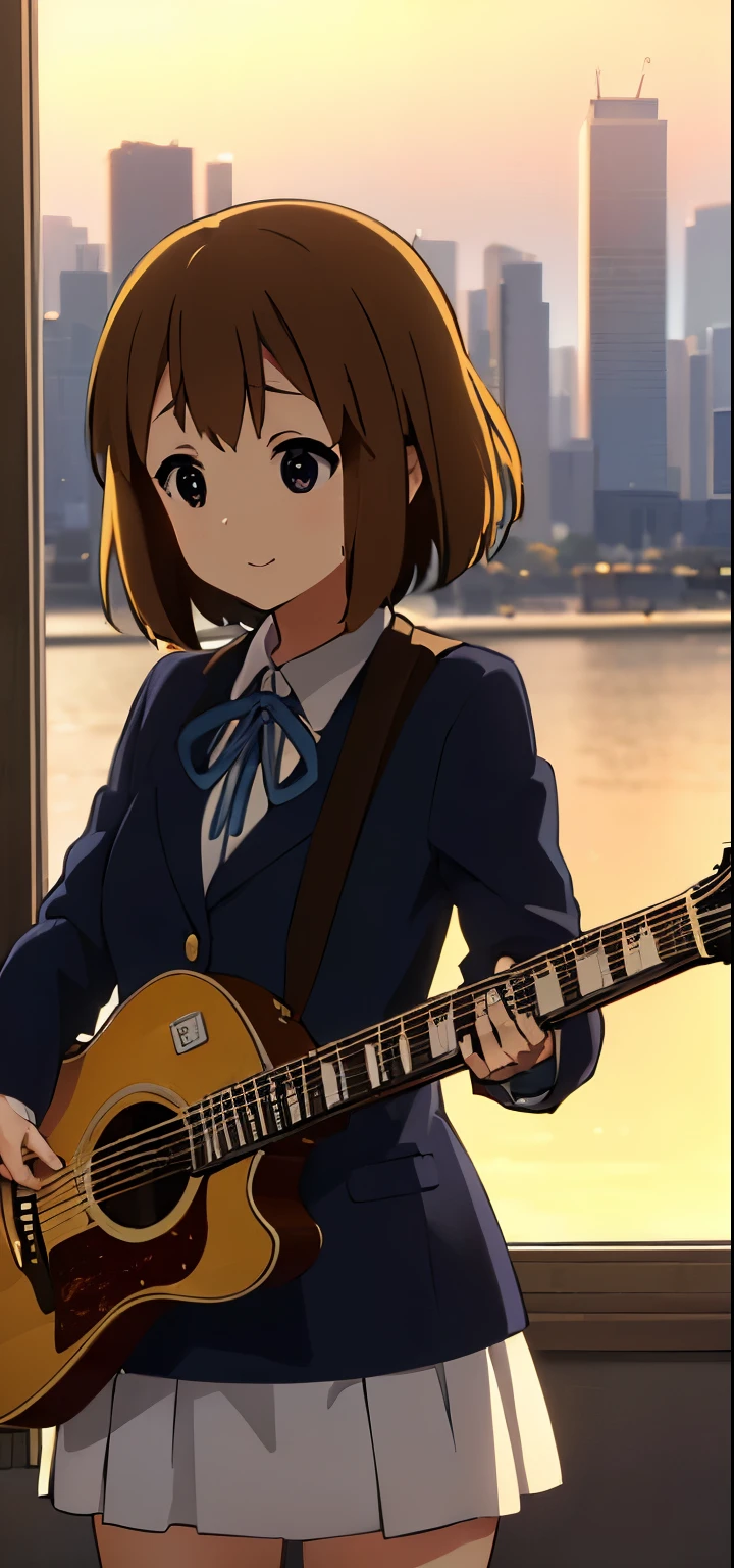1girl, (((masterpiece))), top-quality, top-quality, High Details, Hirasawa Yui, 1girl, Sakuragaoka High School Uniform, student clothes, two yellow hairpin, short hair, A brown-haired, brown-eyed, glasses, solo, reddish, Dark blue blazer with thin blue ribbon, Solid white buttoned shirt under blazer, read a book, illustratio, comic strip, soothing tones, Subdued Color, Soft cinematic light, adobe lightroom, photolab, HDR, intricately and hyper-detailed、(((depth of fields))))。(((masterpiece)))。(((top-quality))).)((ultra-detailliert)))。(((illustratio)))。(((takeout))).dynamic focus.big breasts.(((Skyscrapers))).(((A city scape))).(((Face of happiness))). Smile mouth.(((hand holding guitar))).(((up chest))).((afternoon glow)).((the setting sun)).