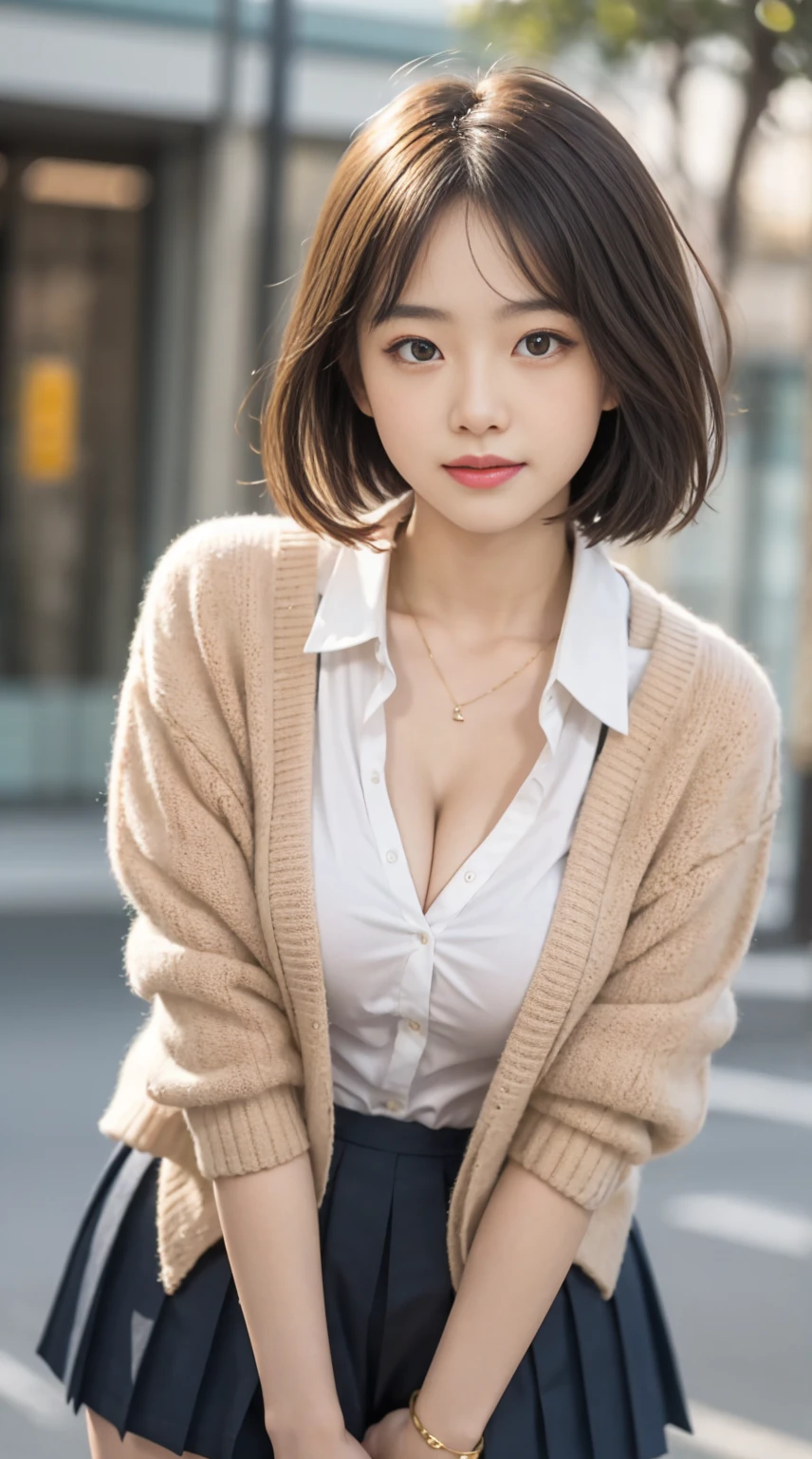 （8k、Raw photo、highest quality、masterpiece：1.2),Angle of view that covers from the chest up,(long bob cut),looking at the viewer,Looking at the front,sexy pose, strong,erotic,student,white skin,knees,absurd,small face,前hairを真ん中から分けます、I can see the forehead,(please be shy,tight eyes,glare,strong,skinny,skinny,get annoyed)、masterpiece,highest quality、超A high resolution,one person, solo,whole body、cute、Return to student,school uniform,high school girl,japanese woman,standing,（Photoreal：1.37）、photon mapping,realistic、cutesmall face,brown eyes、prospect、Depth of the bounds written、blurred background、picture,girls、(前hairが見える), hair,  kneesが見える,thin clothing,, thigh,Nogizaka Idol, actress、big and full breasts、cleavage、Super fine、low person、(Skin with visible pores:1.2)