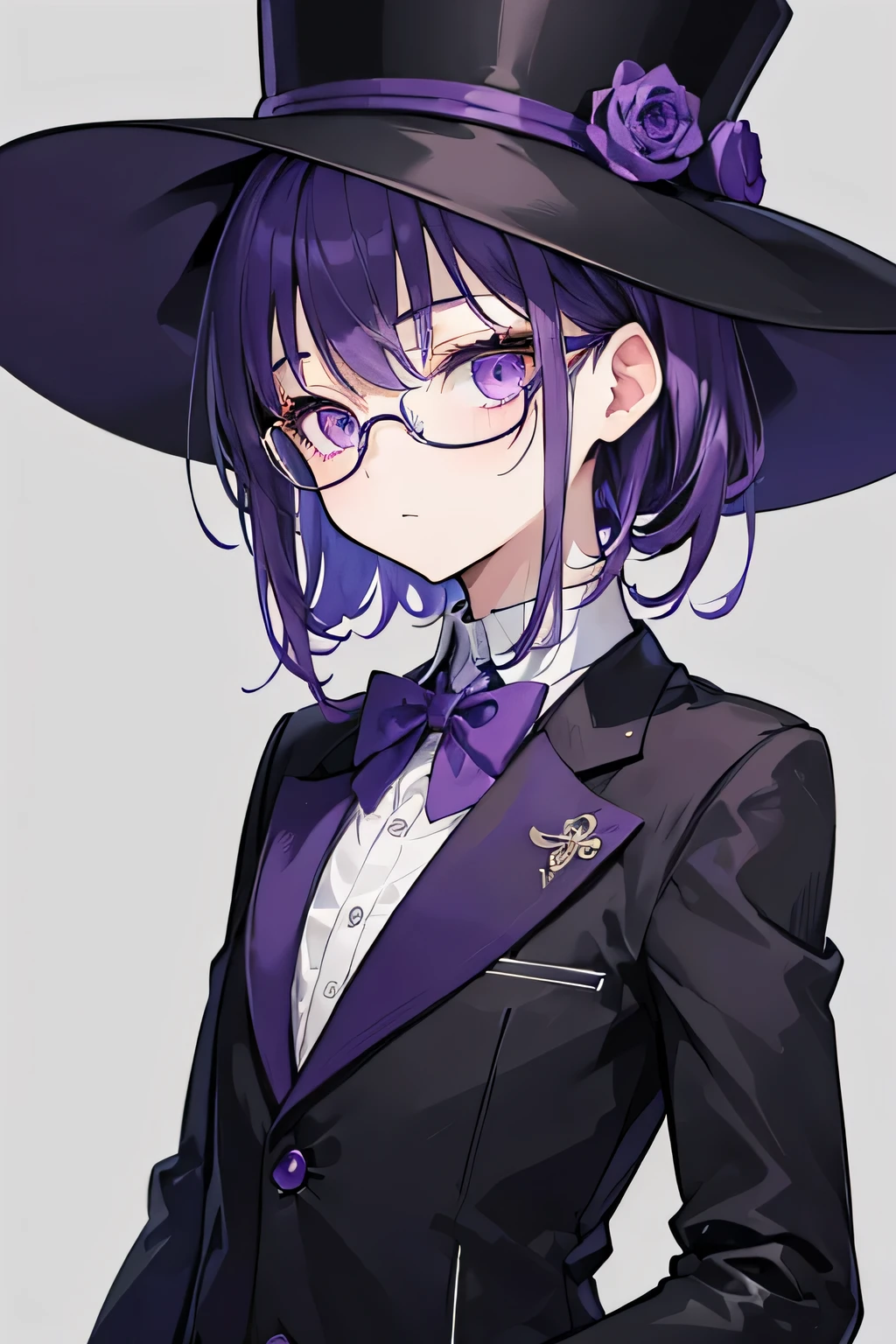 (masterpiece, side lighting, ultra-detailed, finely detailed beautiful eyes: 1.2) glasses, 1shota, top hat, school uniform, timid, shy, purple hair, purple eyes,