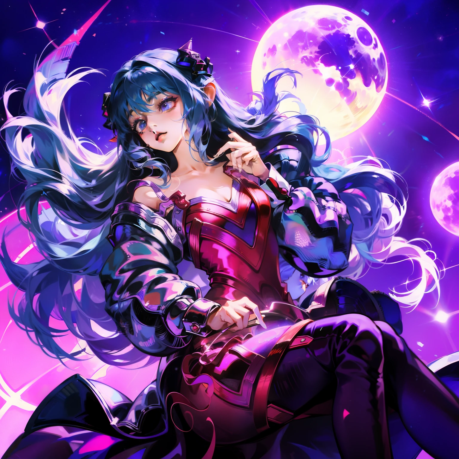 Anime girl wearing purple skirt，Moon themed clothing, fantasy costumes, rococo cyberpunk, Elegant Gothic Princess, black and purple clothing, gothic shoujo anime girl, Astral Witch Clothes, lolita fashion, ((beautiful fantasy queen)), Charming hypnotic woman, Dress up in dreamy formal attire, lulua workshop, fairy tale core, I&#39;m going
