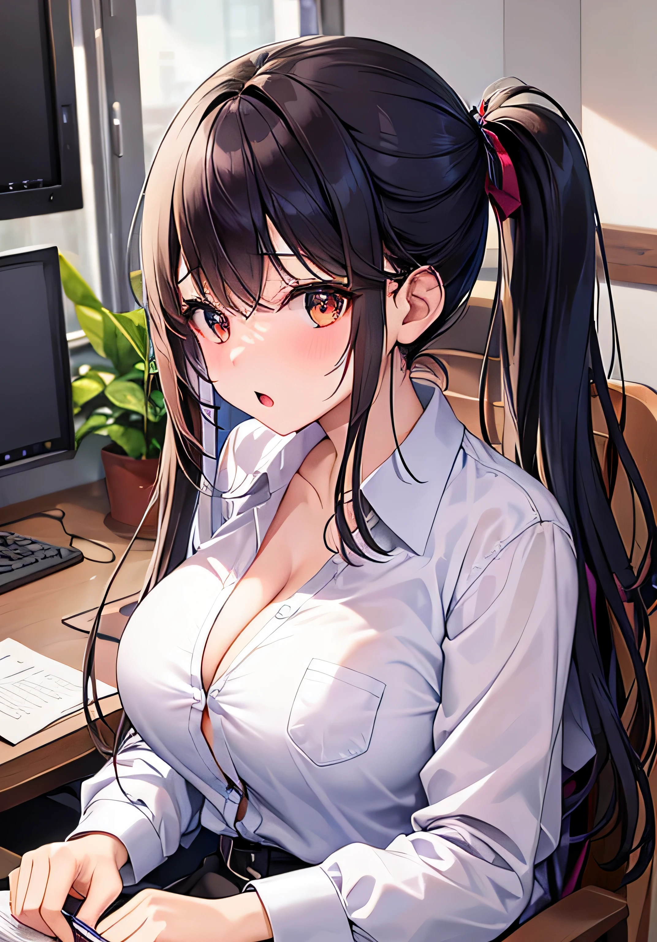 masterpiece、best image quality、ultra high resolution、age girl with big breasts、twin tail hairstyle、black hair、red face、shyly、Open your mouth just a little、Short-sleeved dress shirt that shows a slight cleavage、wearing a mini pencil skirt、sitting in an office chair、inside the office