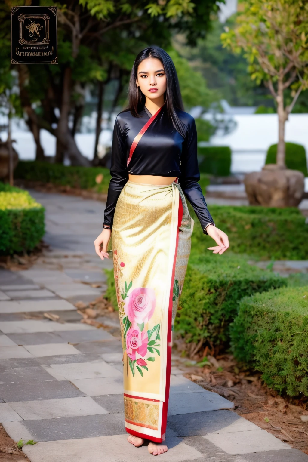 8k resolution photo, stable and beautiful view, human view, with beautiful eyes, a lovely young woman, slender beautiful fingers, slender beautiful legs, long black hair, a flower in her tied hair, 18 years old, height 5 feet 8, small waist, large breasts and hips, beautiful outline, Burmese traditional jacket on top, long Burmese skirt on the bottom, full body image, dreamy A background