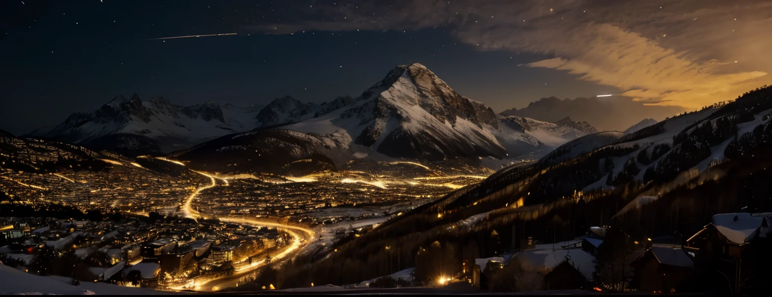 (extremely detailed 8k wallpaper), sky, night, snow, city mixed with nature, mountains, award-winning photography, dramatic lighting, (dark and golden colors), golden lights.