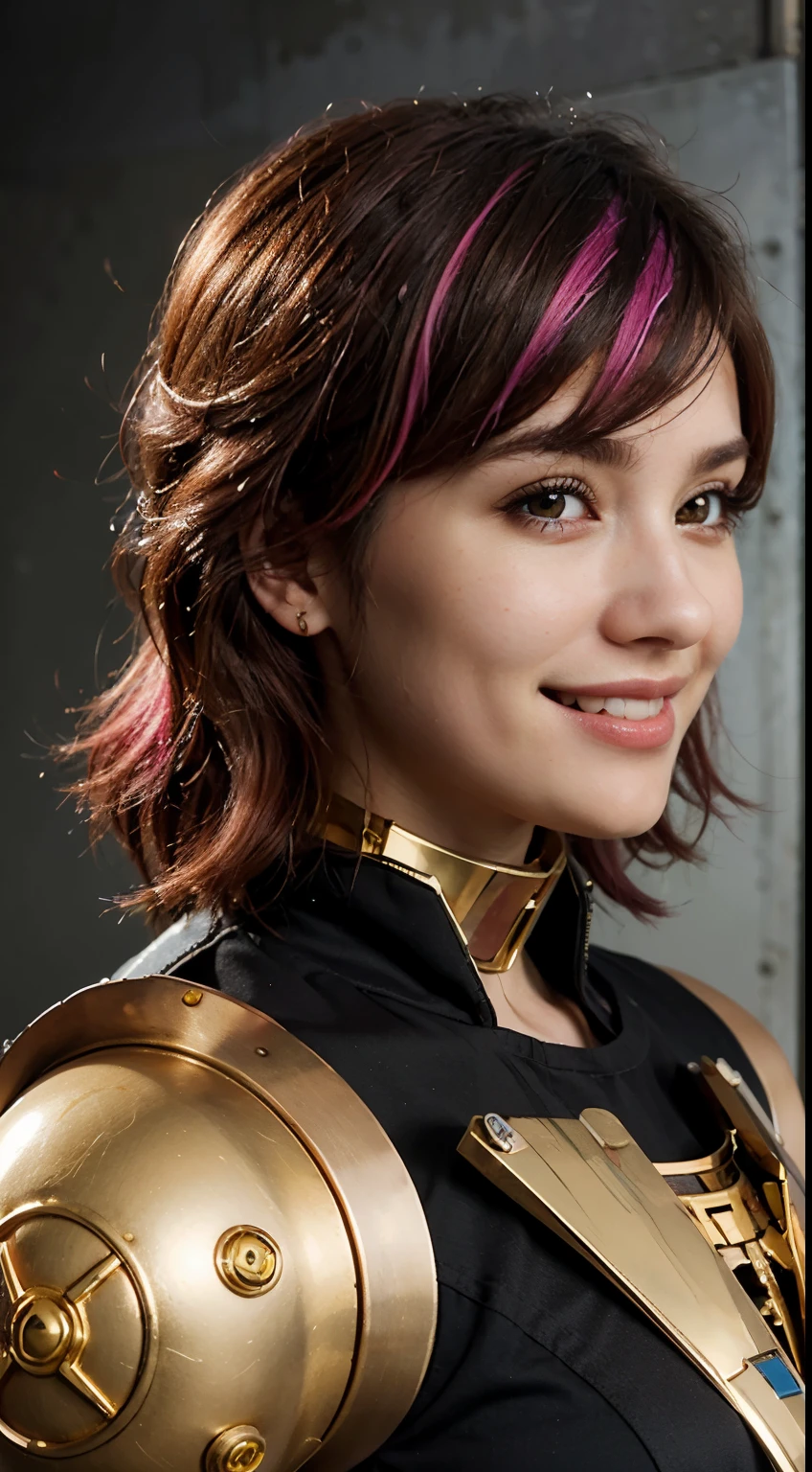 Highest image quality, outstanding details, ultra-high resolution, (realism: 1.4), the best illustration, favor details, highly condensed 1girl, with a delicate and beautiful face, dressed in a black and gold mecha, wearing a mecha helmet, holding a assault rifle, pink hair, profile icon, smiling kawaii