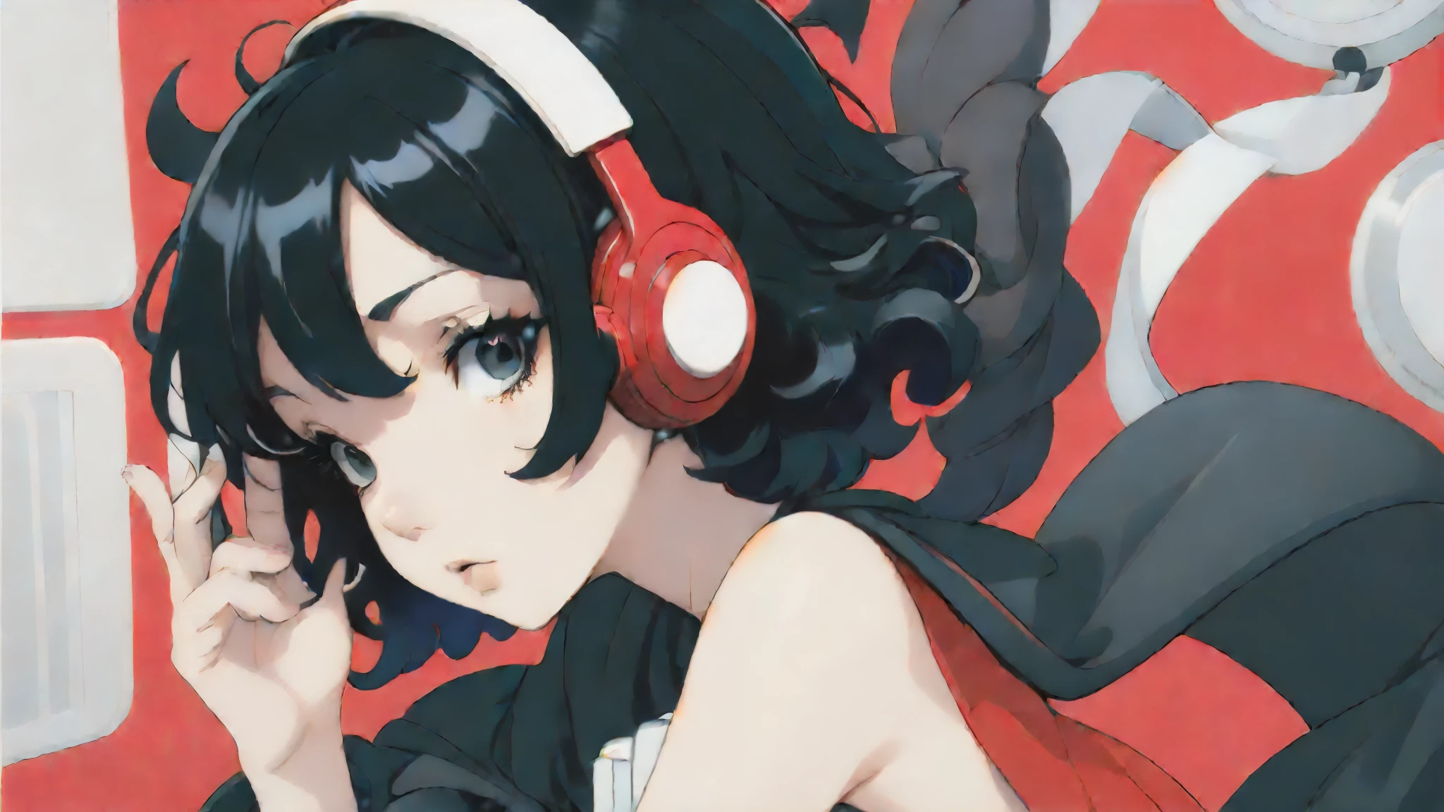 1 girl, woman, Barely, captivating hair, glossy black hair, Twisted Crown Blade,short captivating hair,white people,headphone