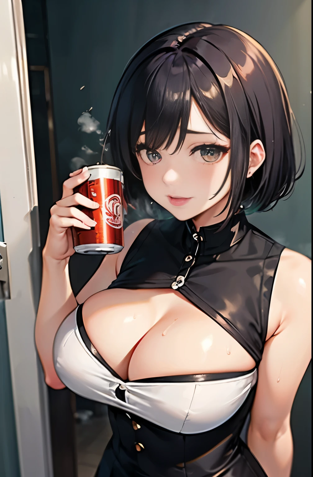 beautiful, masterpiece, highest quality, highly detailed face, perfect lighting,1 girl, alone, white sleeveless shirt、black skirt, Office lady、While drinking a can of beer、drunk、drunk woman、bright red face、outside the door、in front of the door、I have visited、late night、midnight、dark、Through the gap in the door、drunk girl、young office lady, Straight black berry short cut hair、okappa hair、heavy makeup、big breasts、big cleavage、black shiny tights、((steam,sweat)), Vulgarity