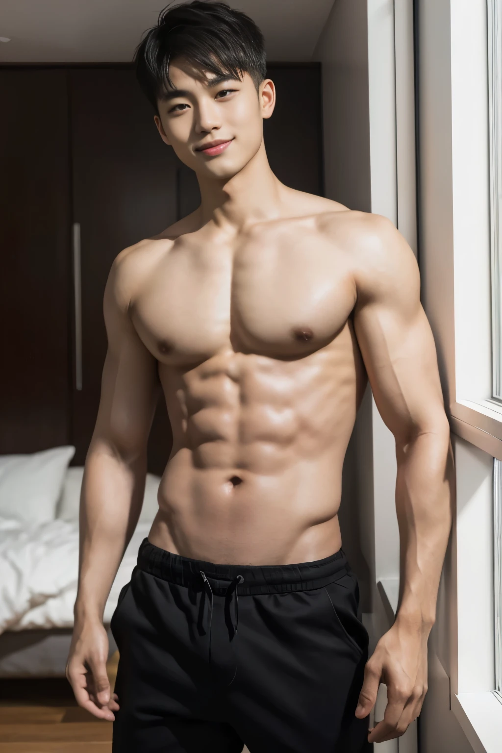 ((masterpiece)), ((best quality)), ((high resolution)), ((Detailed background)), ((extremely detailed)), 1 person,solo, Young men,Asian,male model,black hair,short hair,Smile,Sexy breasts,thin waist,6 pack abs,black shorts,Detailed physical description, in the room,Floor-to-ceiling windows,Sunlight,full-body shot,
