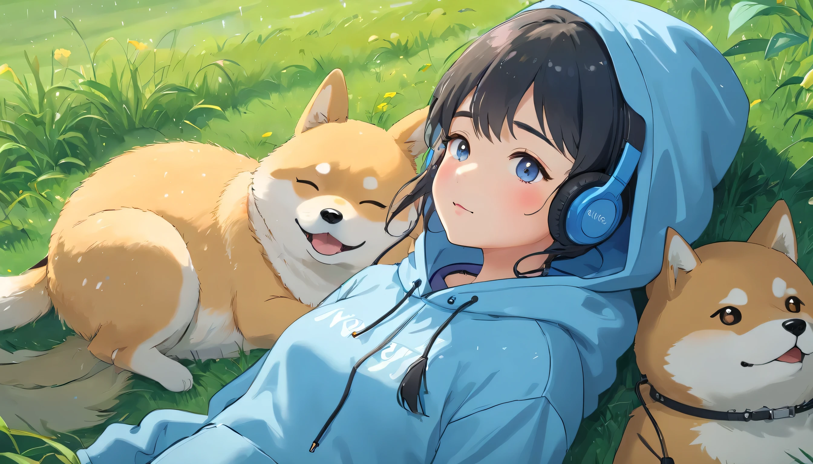 An anime girl is lying in a meadow after the rain with her eyes closed and listening to music with yellow headphones、A fat Shiba Inu is sleeping next to a girl、wide black hair, 4k anime wallpaper,, anime boy profile, Manga wallpapers 4k, anime wallpaper 4k, 4k anime wallpaper, Gwaites style artwork, 8k, anime art wallpaper 4k, anime art wallpaper 4k, rainy evening, anime art wallpaper 8k, platform, City view, detail makeup, Detailed background for complex occupancy situations, wonderful, Milky W, highly detailed skin, realistic details of skin, Pores are noticeable, clear focus, volume fog, 8k UHD, Digital single-lens reflex camera, super high quality, film grain, have white skin, photorealism, nffsw, translucent、Full-body camera angle、Girl in a blue hooded sweatshirt costume、headphones
