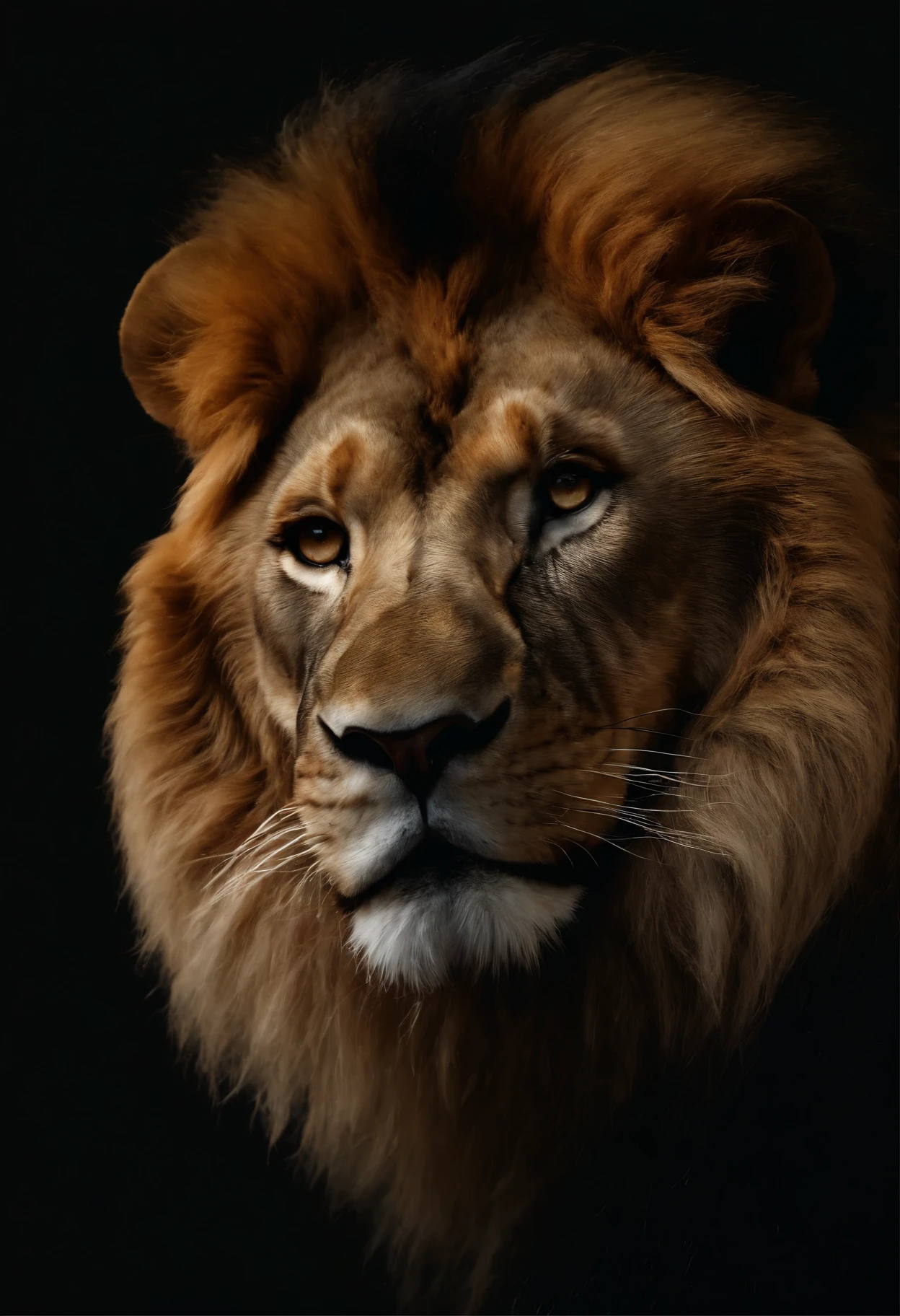 (best quality,4k,8k,highres,masterpiece:1.2),ultra-detailed,(realistic,photorealistic,photo-realistic:1.37),lion head,((black background)),HDR,UHD,studio lighting,ultra-fine painting,physically-based rendering,extreme detail description,professional,vivid colors,full head