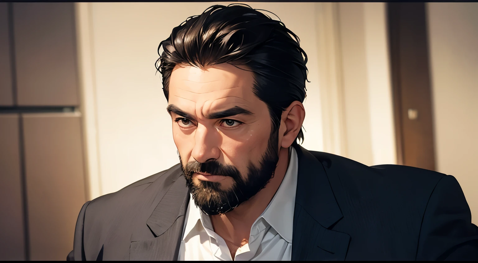best quality,ultra-detailed,realistic,portrait,soft lighting,subtle color palette,detailed face,expressive eyes,distinctive facial features,dark hair,middle-aged man,serious expression,serious expression,well-groomed beard,strong jawline,wrinkles around the eyes and forehead,mature look,sophisticated,middle-aged man in his forties,Asian ethnicity,casual attire,simple background,money,successful businessman