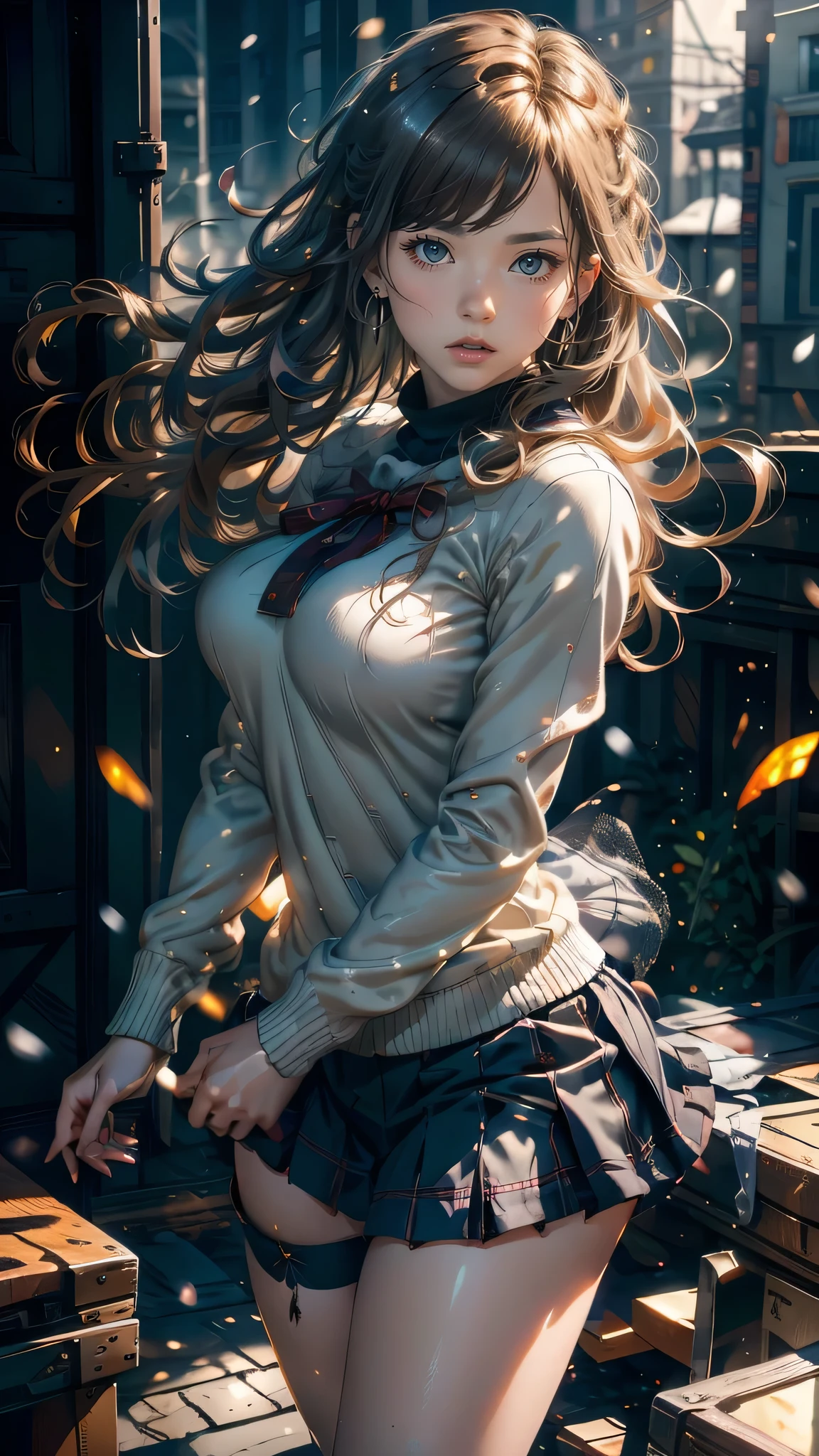 It&#39;s snowing,open your arms,town,(highly detailed skin),winding,,beautiful胸,big breasts,white skin,pointed chest,erect nipples,(fantasy art,best image quality,surrealist portrait,(8k),Super realistic,最high quality, high quality, High resolution, high quality texture,high detail,beautiful,Detailed,Very detailed CG,detailed texture,realistic expression of face,masterpiece,sense of presence,dynamic,bold),(thin hair),(soft hair),long flowing bangs,extra light coppery amber hair,hair above one eye,dressed,(baggy sweater),tight mini skirt,stockings,Engineer boot,girl