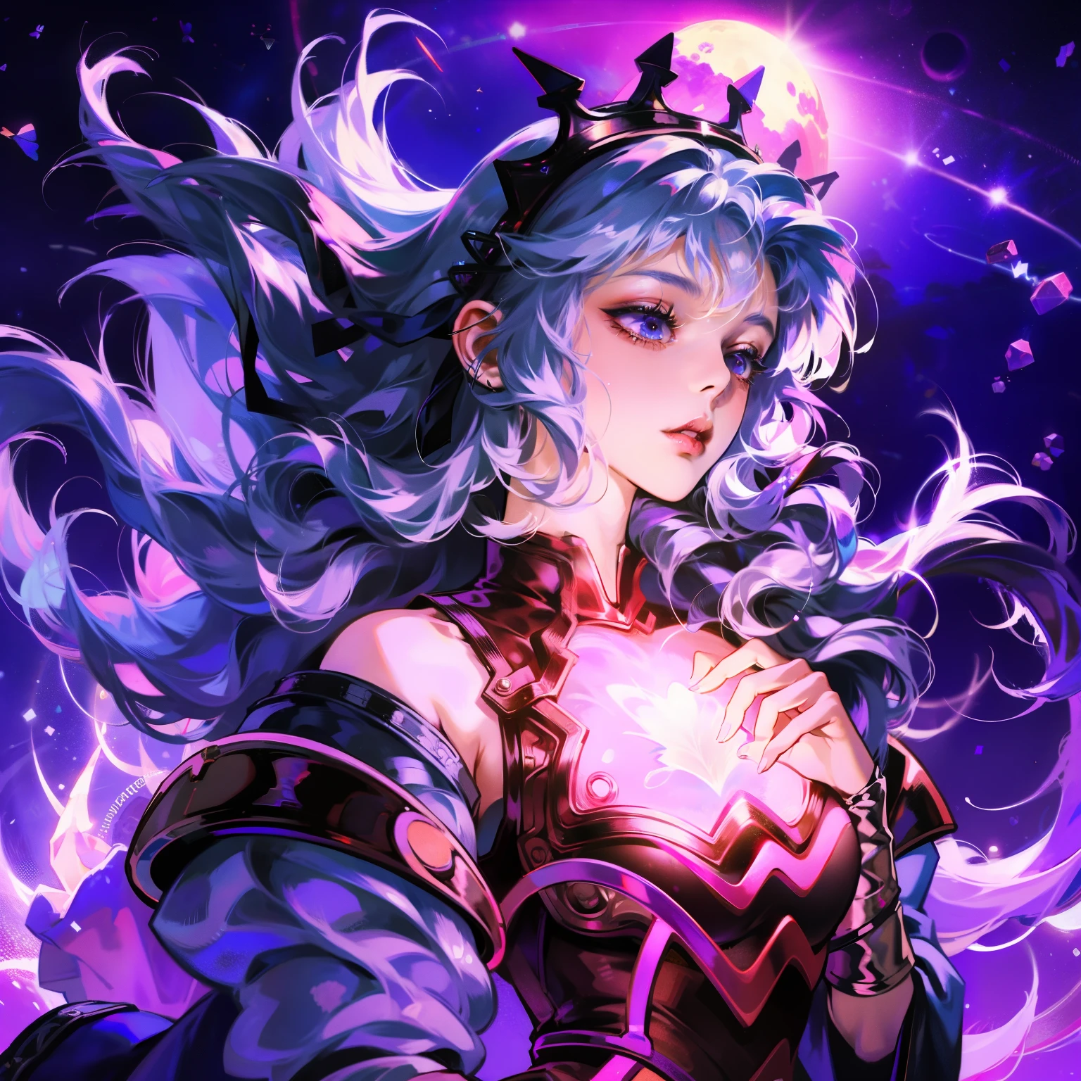 Anime girl wearing purple skirt,Moon themed clothing, fantasy costumes, rococo cyberpunk, Elegant Gothic Princess, black and purple clothing, gothic shoujo anime girl, Astral Witch Clothes, lolita fashion, ((beautiful fantasy queen)), Charming hypnotic woman, Dress up in dreamy formal attire, lulua workshop, fairy tale core, I'm going