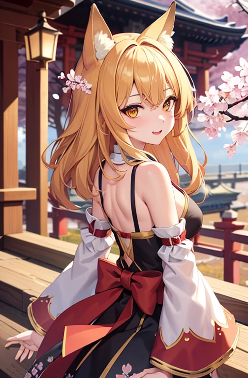 masterpiece, highest quality, 1 girl, yellow eyes, medium hair, stage, cherry blossoms, temple, fox girl, removed sleeve, animal ears, Happy, turn your arms behind your back,
