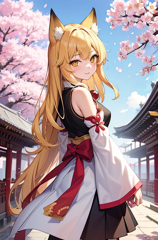 masterpiece, highest quality, 1 girl, yellow eyes, medium hair, stage, cherry blossoms, temple, fox girl, removed sleeve, animal ears, Happy, turn your arms behind your back,