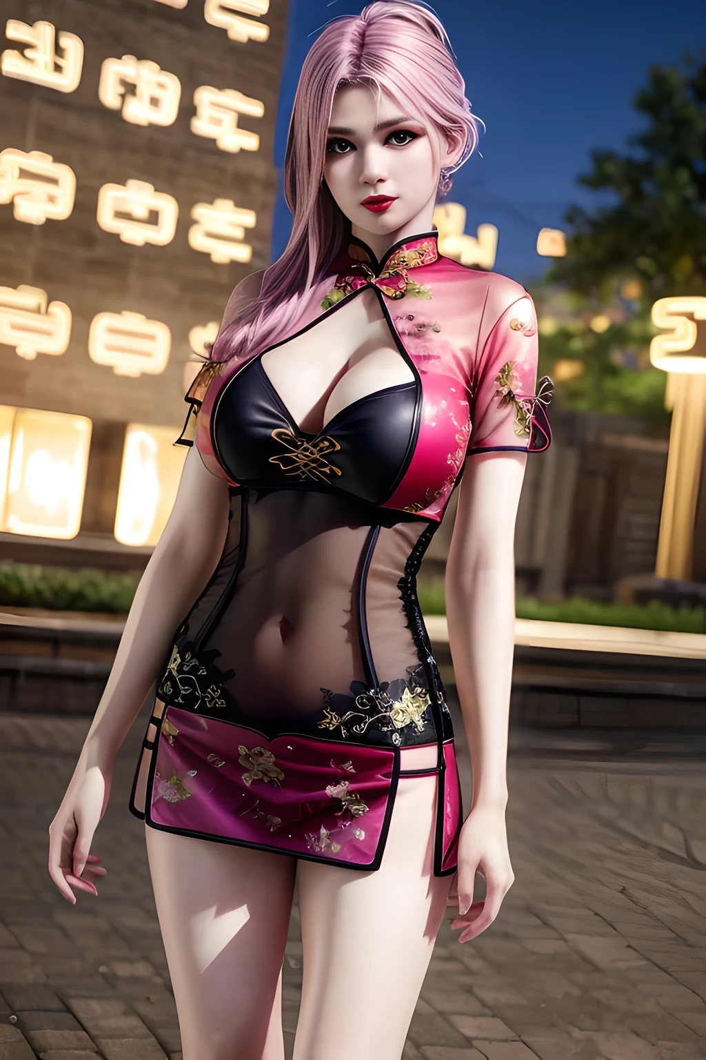night,1 girl,Alice,(tulle cheongsam:1.4),lace, jewelry,Outdoor activities, (standing posture),grace,(((red lips))), Lips slightly open, clavicle,Lactation,(huge breasts:1.3),skin shiny,((8k, original photo, top quality, masterpiece)), HD RAW color photos professional close-up photos, (actual, photorealism: 1.37), (best quality),8k,Fabric luster,alone,
