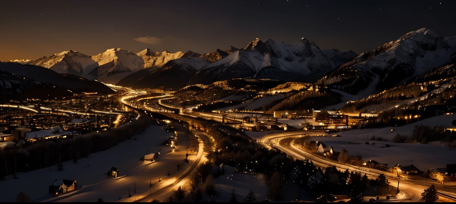 (extremely detailed 8k wallpaper), sky, night, snow, city mixed with nature, mountains, award-winning photography, dramatic lighting, (dark and golden colors), golden lights.