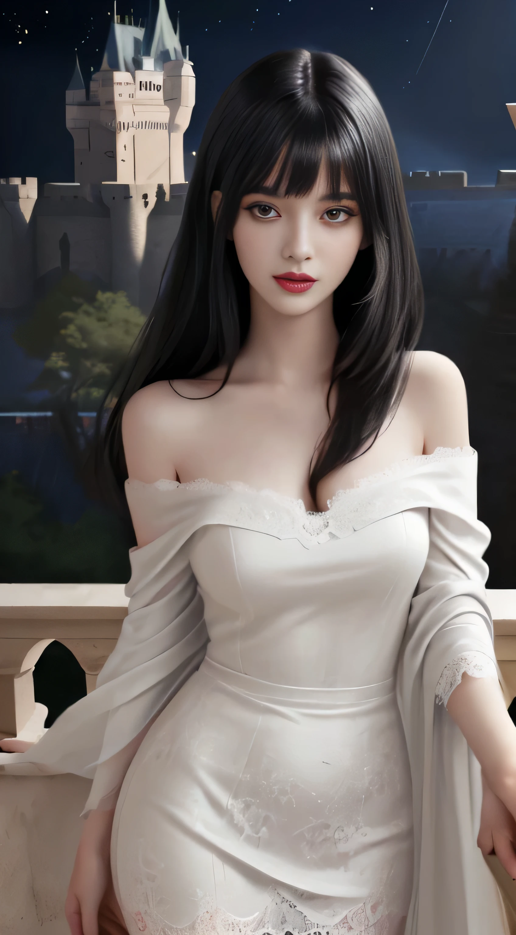 best quality,masterpiece,highres,cg,1girl,Photograph,high resolution,8k,dark,Gothic,capricorn,supergiant breasts, a beautiful young lady in white standing in the moonlight she is wearing a beautiful white dress, the dress is translucent and allows the moon light to pass through exposing her body. She has a soft young face, huge boobs, a thin yet sensual body, sexy and mysterious. Raven hair, pale skin like the moonlight.