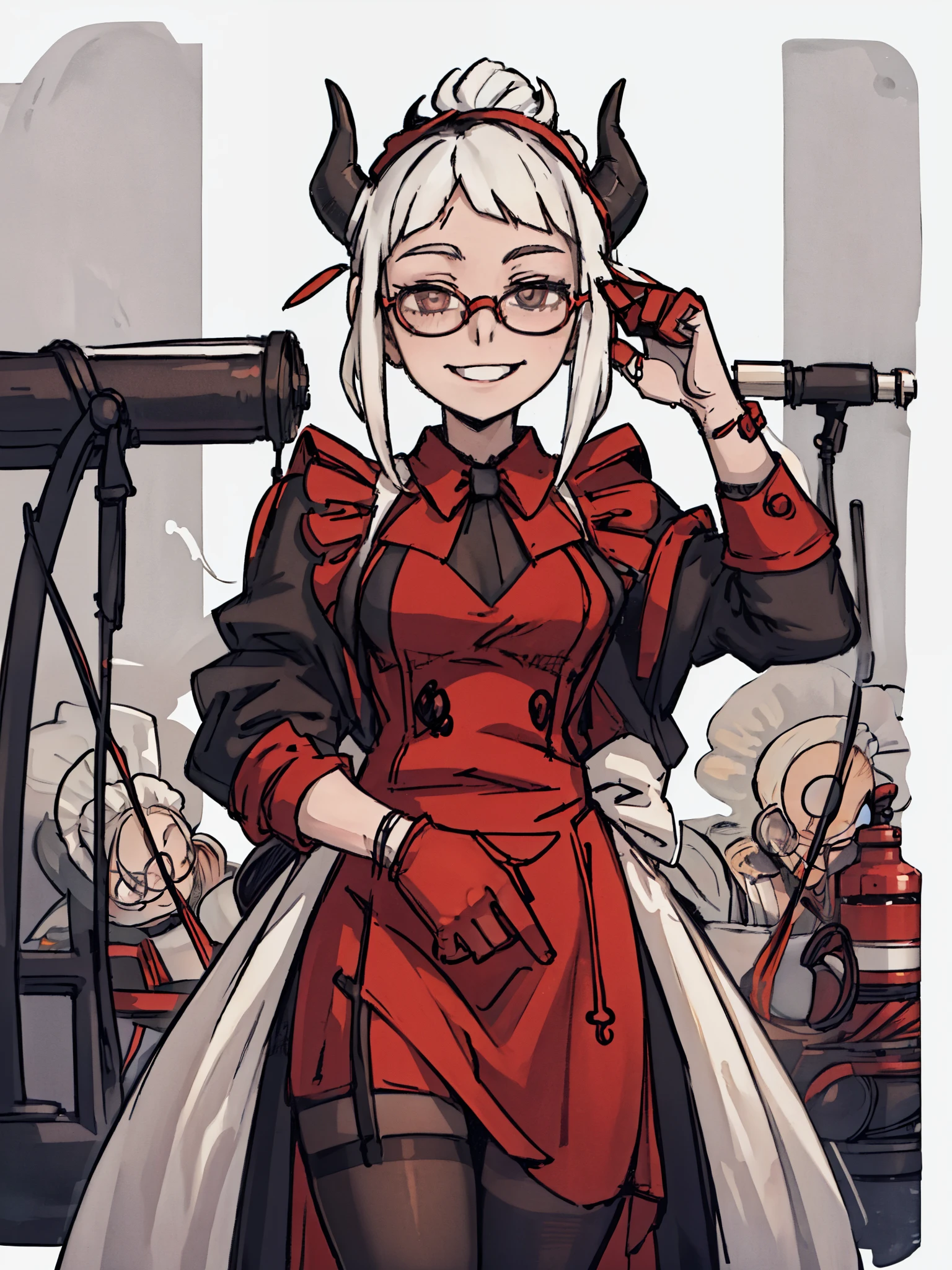 ((a woman，Glasses，Scientists，Holding a drip beaker，(maid outfit)，red cloak，Glass )),front,Half body,white hair，black devil horns，temperament，grace，Damia，Mature，gentle，kindly，happy，（Smile），Different world，middle Ages，White background