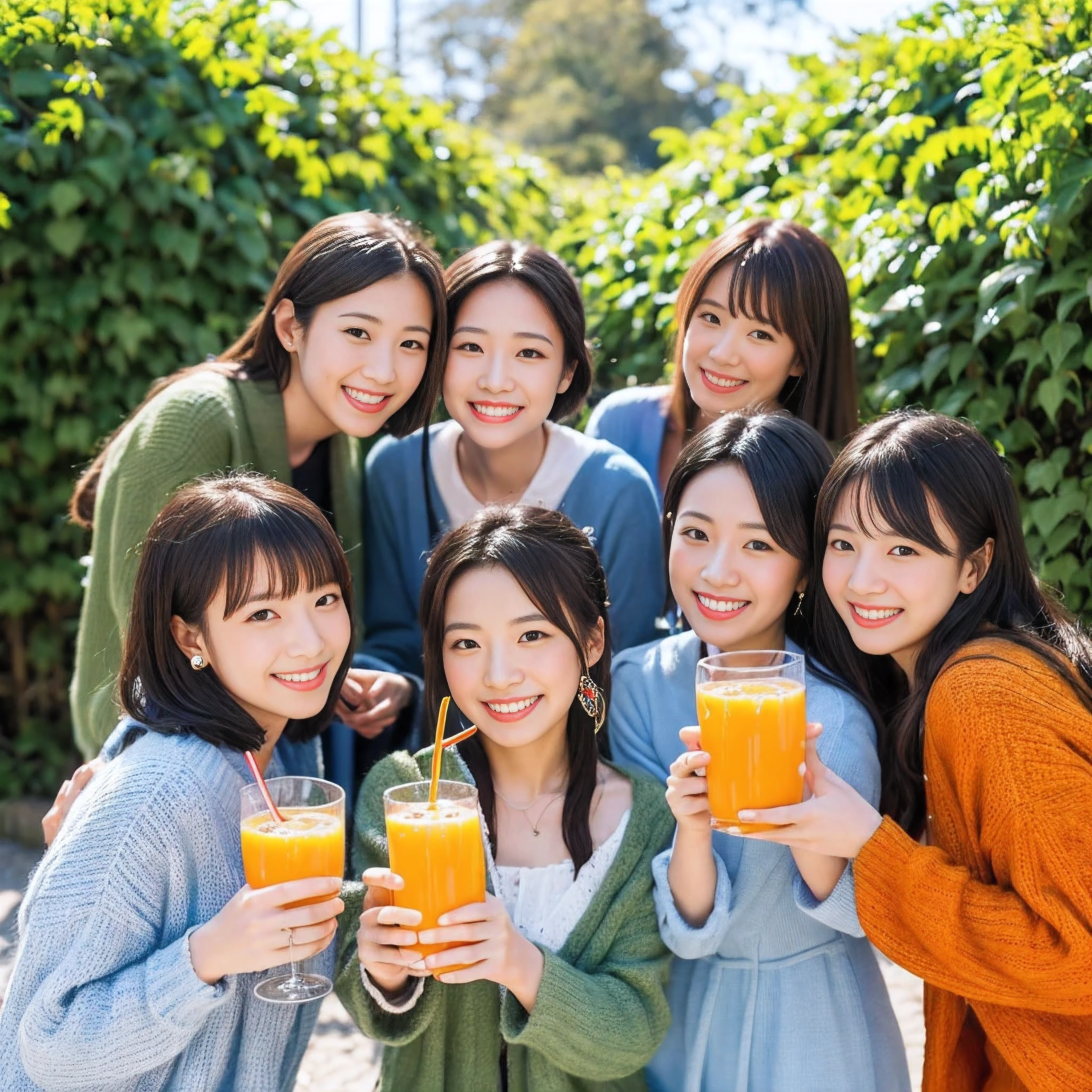 ((Best quality, masterpiece)), five lifelong friends,japanese idol,costume,((orange juice)), warmly embracing, smiling ear-to-ear, surrounded by lush greenery and a crisp blue sky, basking in the sunshine of a perfect day.