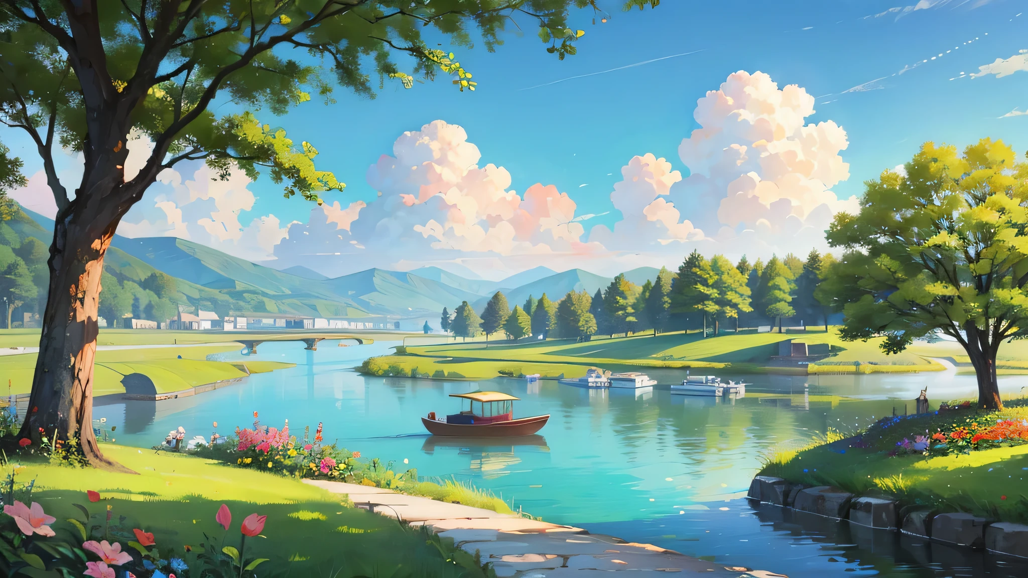 noon, willows flying, bright blue sky and white clouds, there is a lake,Surrounded by green lawns and fragrant flowers, Gentle as jade, Water town paintings, laid back, real photography, 16K resolution--auto