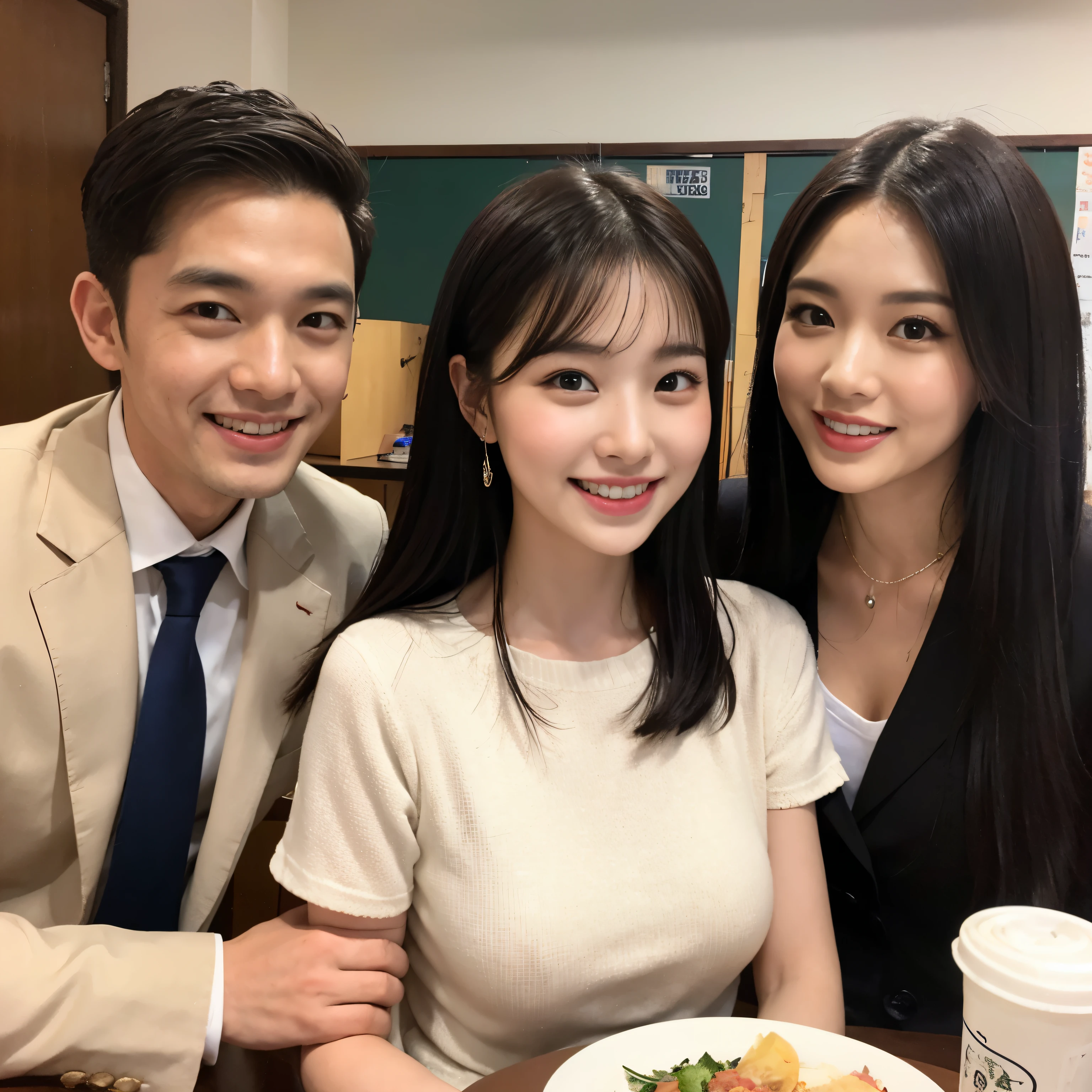 1 girl, alone, highest quality, 8k, pictures of japanese women, 25 years old, kindergarten teacher, long straight black hair,, ((Plump)), ((big breasts)),simple t-shirt, plain jogging pants,, best smile ever,Izakaya, Grow eyes, Shining happiness, considerate personality, sweet feminine aura, Calm but resolute attitude, lightly freckled cheeks, a spirit of warmth and joy, Modest casual wear perfect for teaching,pixie cut fringe, eyes shining with dedication, two people in love,couple,men and womenの写った, a humble and dedicated kindergarten teacher, lively.Two-shot of the couple,1 person,men and women,man in suit,man in suit,man in suit,couple,two people in love,tall man,tall man,man in suit,middle aged male,middle aged male,middle aged male,40 year old man in suit,man in suit,man wearing a jacket,Izakayaの中,banquet,banquet,Year-end party,Izakaya
