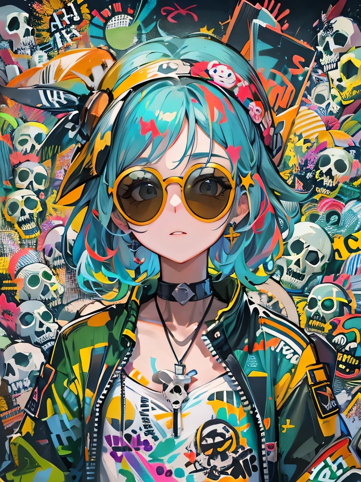 8K resolution、((highest quality))、((masterpiece))、((Super detailed))、1 female、alone、The strongest beautiful girl of all time、((incredibly absurd))、(((Stylish sunglasses))), pirate hat,neon、short cut hair、 (((skull graffiti art))), colorful hair, 