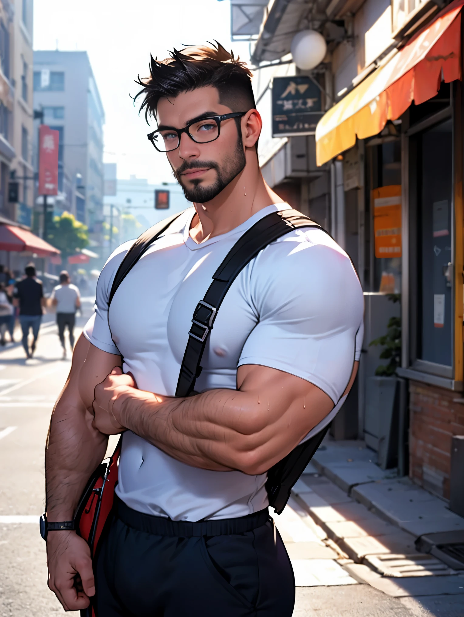 sexy mature daddy, tanned skin, big bump, darker skin, stubble, muscle发达的, best quality, masterpiece, ultra high resolution, Detailed background, realism, illustration, single, 1 boy, street,muscle, Volumetric lighting, depth of field, beard, wave, Short-sleeved clothes, Glasses,light particles, huge bulge, sunny, sweat, short black hair, perfect eyes, crossbody bag,relaxed poses