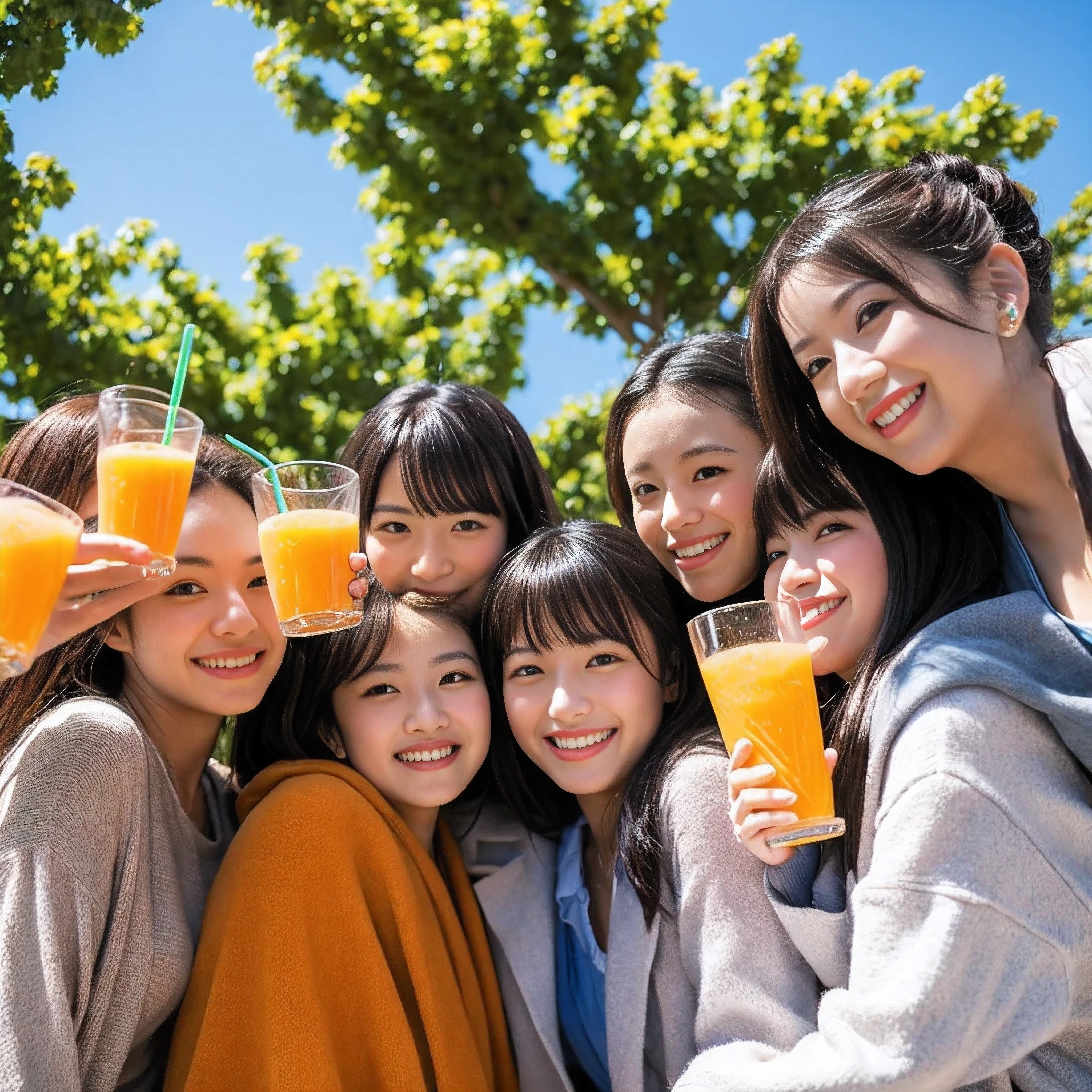((Best quality, masterpiece)), five lifelong friends,japanese idol,costume,((orange juice)), warmly embracing, smiling ear-to-ear, surrounded by lush greenery and a crisp blue sky, basking in the sunshine of a perfect day.