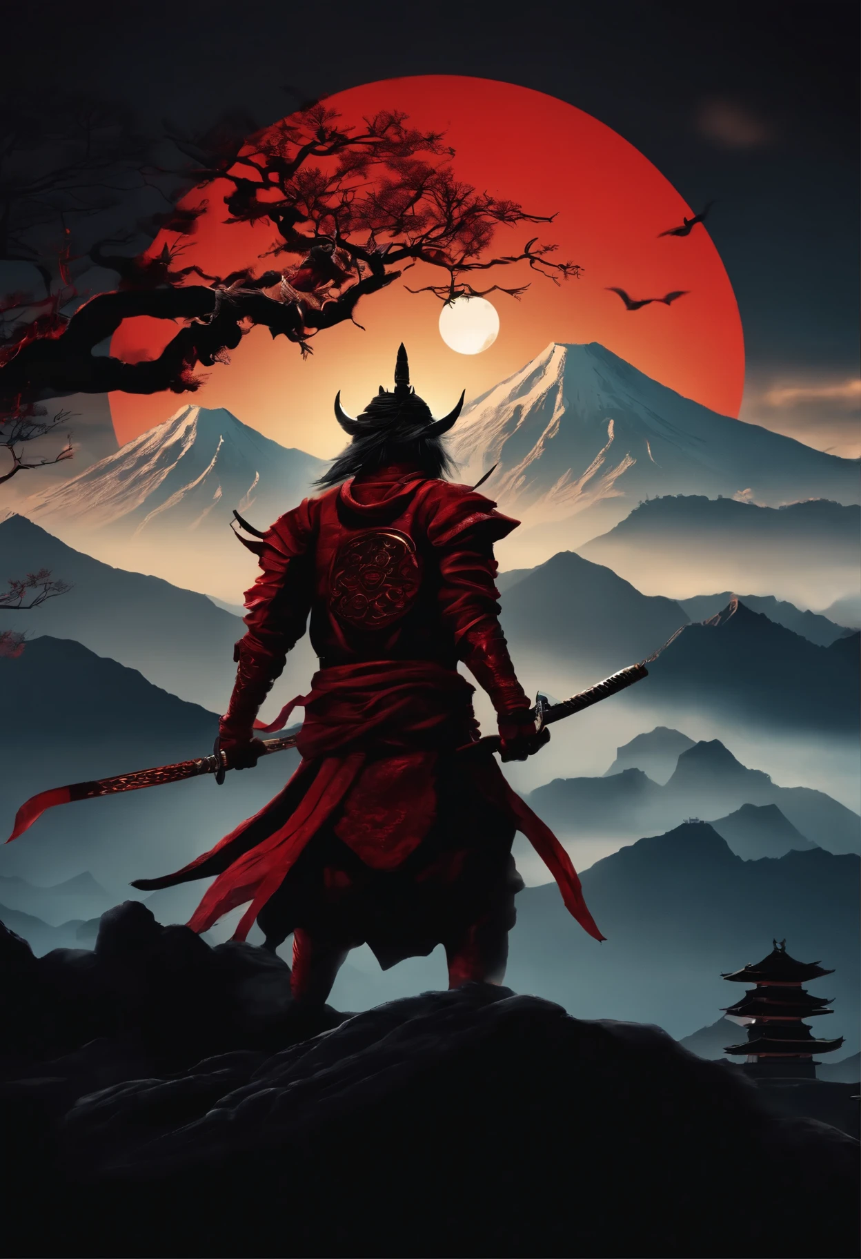 24k resolution japanese demon ninja with monster in the center and the background are blood moon at night sky,mountain,temple,towns and shadow ninja