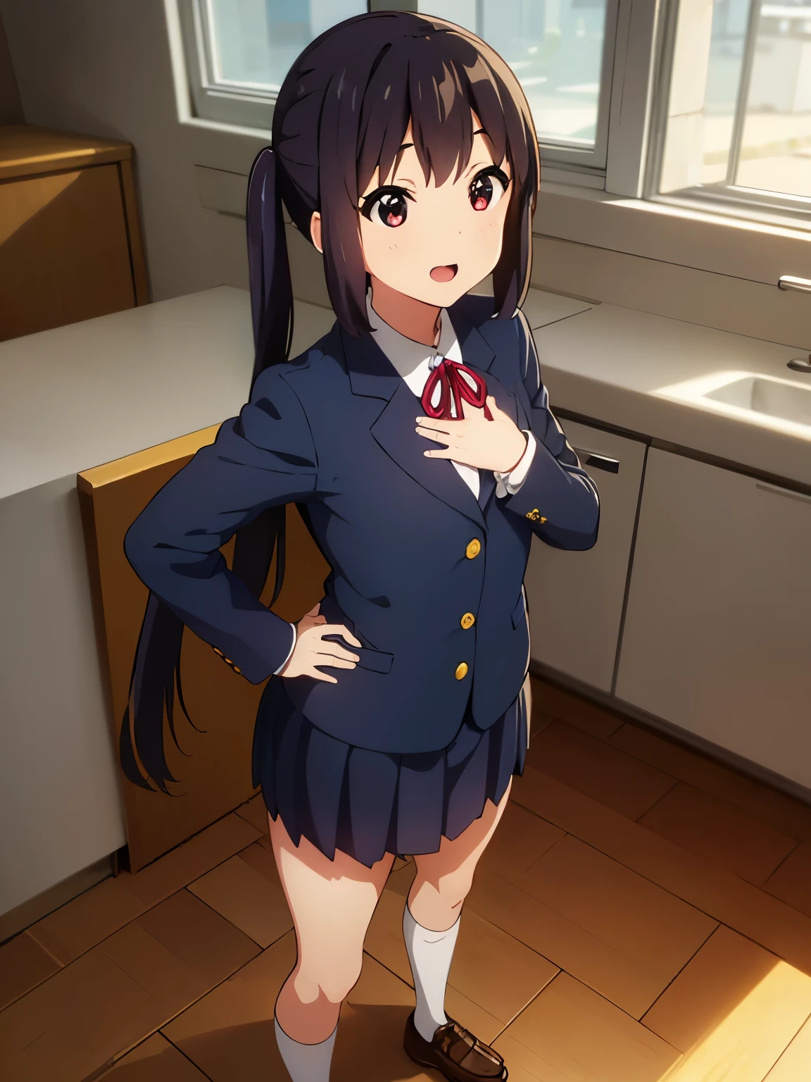 (best quality, masterpiece:1.2), 1girl, (((masterpiece))), (((full body))), top-quality, top-quality, High Details, nakano azusa, 1girl, Sakuragaoka High School Uniform, student clothes,, Twin-tailed, length hair, A dark-haired, brown-eyed, solo, reddish, thin red ribbon, Solid white buttoned shirt under blazer, illustratio, comic strip, soothing tones, Subdued Color, Soft cinematic light, adobe lightroom, photolab, HDR, intricately and hyper-detailed、(((depth of fieldasterpiece)))。(((top-quality))).)((ultra-detailliert)))。(((illustratio)))。(((takeout))).dynamic focus.big breasts.(((kitchen))).(((A home))).(((Face of Smile))). open mouth.(((put hands on the hip))).(((up chest))).((evening glow)).((the setting sun)), solo, anime, anime screencap,  ray tracing, global illumination, ultra resolution image, vivid color,  cinematic light,  lens flare,  light on face, glow eyes,  depth of field, happy, detailed background, cute,  straight-on, dive dress, navel,
