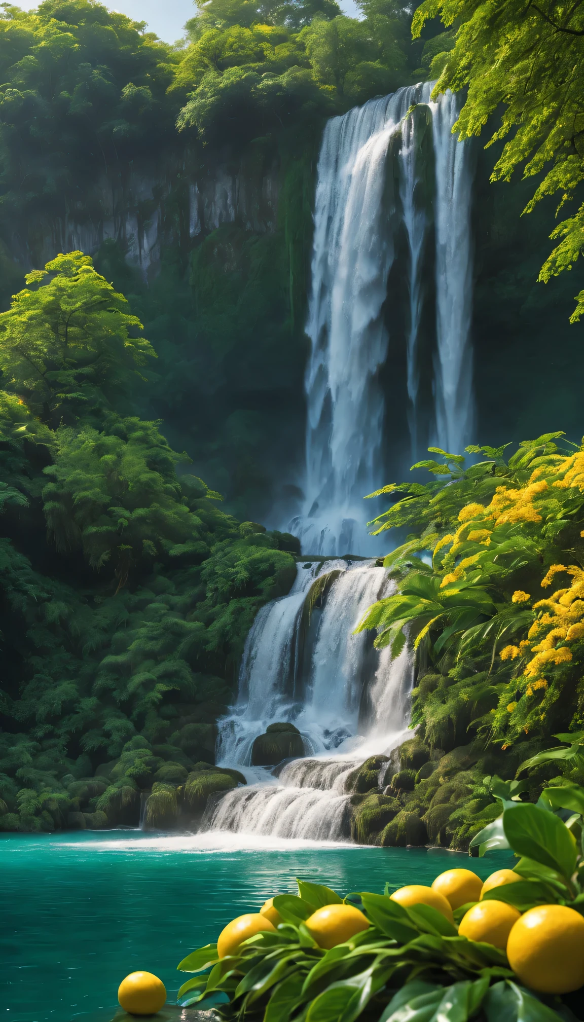 (a beautiful fairy taking a bath under a waterfall),water droplets,Rejuvenate,shiny,flowing water,charming atmosphere,Lush green plants,serene,ethereal,Soft, flowing hair,Mysterious aura,sunlight through the trees,magical environment,translucent wings,Reflections shimmering on the water,airy,Beautifully,happy expression,Refreshing,tropical paradise,bright colors,harmony between nature and fairy,Crystal clear pool,peaceful,magical creatures,breeze,The warm sunshine caresses the skin,nature whispers,Sensory delight,escape from reality.