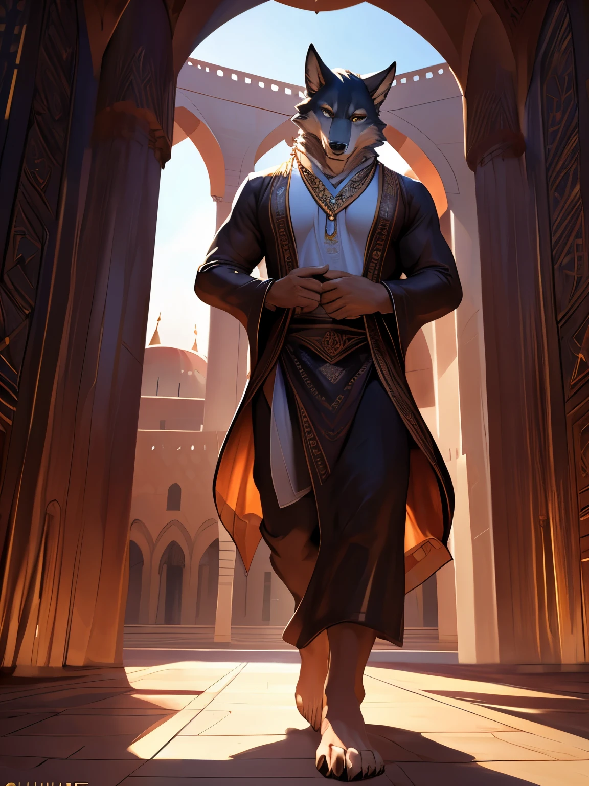 4k, ,8K, A high resolution, best quality, perfect colors, perfect shadows, perfect lighting, posted on e621, (by Chunie, by meesh, by sigma x), male, furry, Wolf anthro, (Wolf Tail), solo, yellow eyes, (Realistic eye details 1.2), Mosque, men's Muslim clothing wear, atmosphere during the month of Ramadan, Ramadan, background of the Nabawi mosque, walking in the mosque corridor, barefoot, Full body like, Slim body, dramatic lighting, soft lighting, day, highly detail, Hair coiled, delight, Standing up position, Abstract beauty, centre, Looking at the camera, Facing the camera, nearing perfection, Dynamic, highly detailed, illustration, (Realistic background), ((Bonifasko lighting)), (Detailed eyes), perfect pupils, detail eyes, detail fluffy fur, (seductive face:1.2), fit body, Looking at the camera, fit body, perfect male figure, Detailed fur, Detailed face, Perfect face, Detailed background, (Complex),  (Super Detail), (Ultra Clear), (Best Quality)