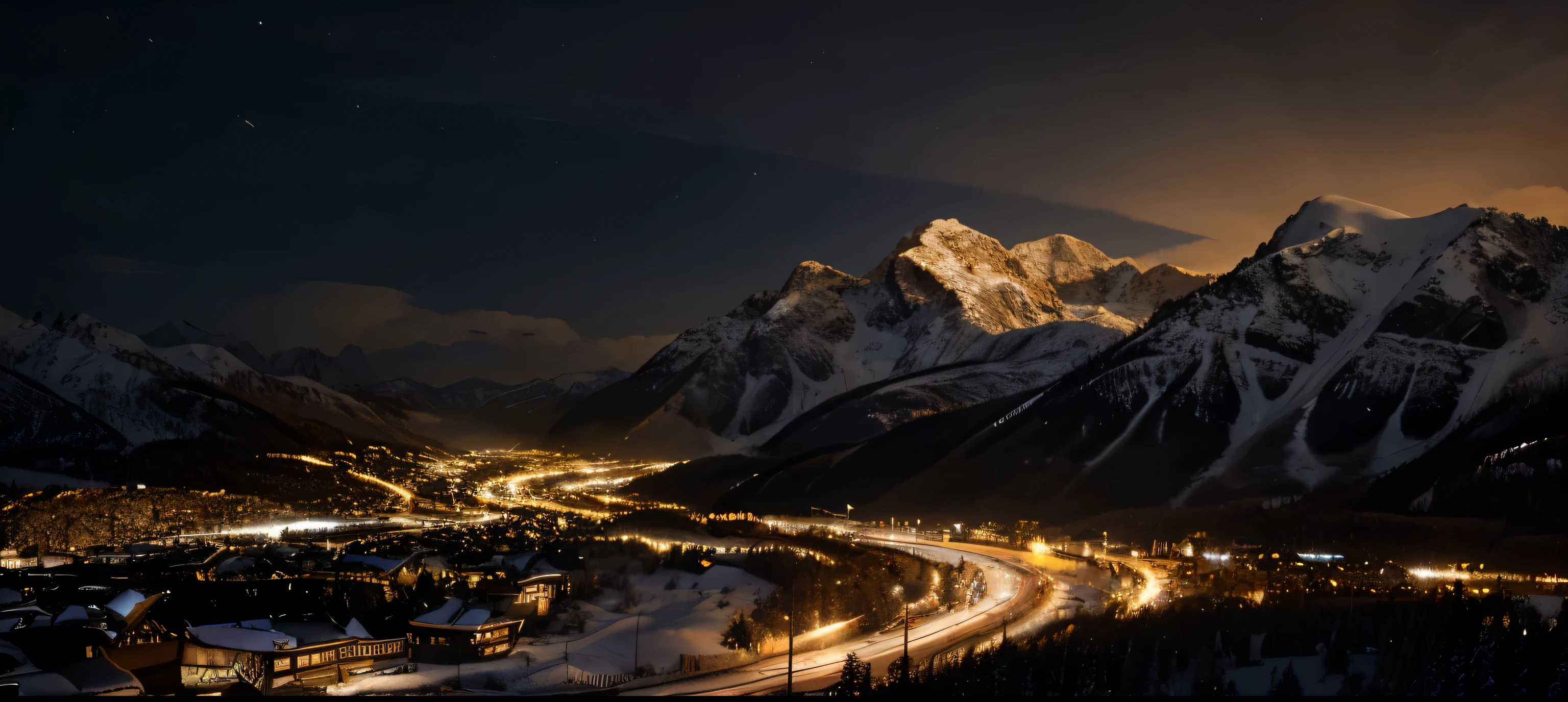 (extremely detailed 8k wallpaper), sky, night, snow, city mixed with nature, mountains, award-winning photography, dramatic lighting, (dark and golden colors), golden lights.

