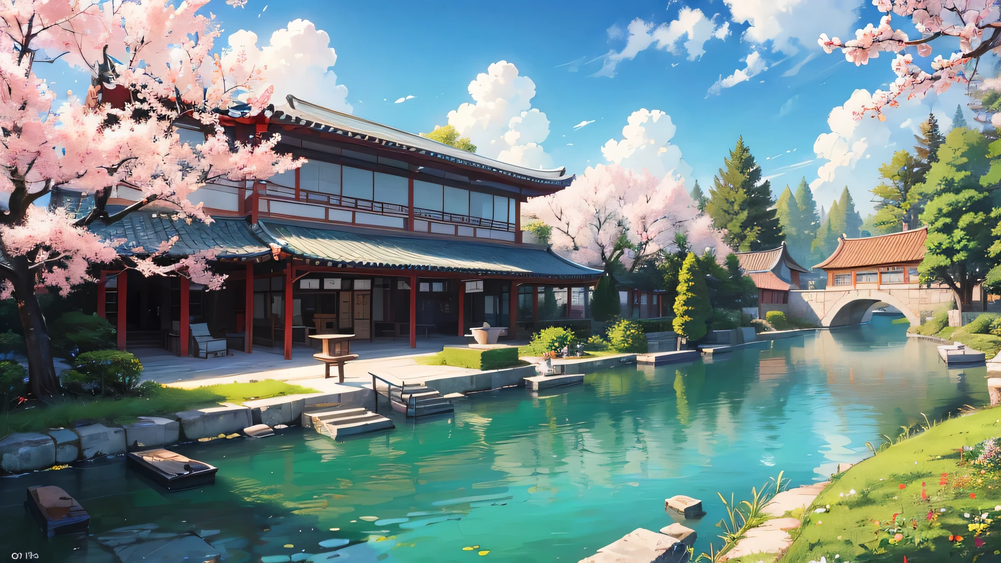 early morning, full of spring, bright blue sky and white clouds, lake,lake面周围环绕着草坪和碎石, As gentle as jade, Water town paintings, laid back, real photography, 16K resolution--auto