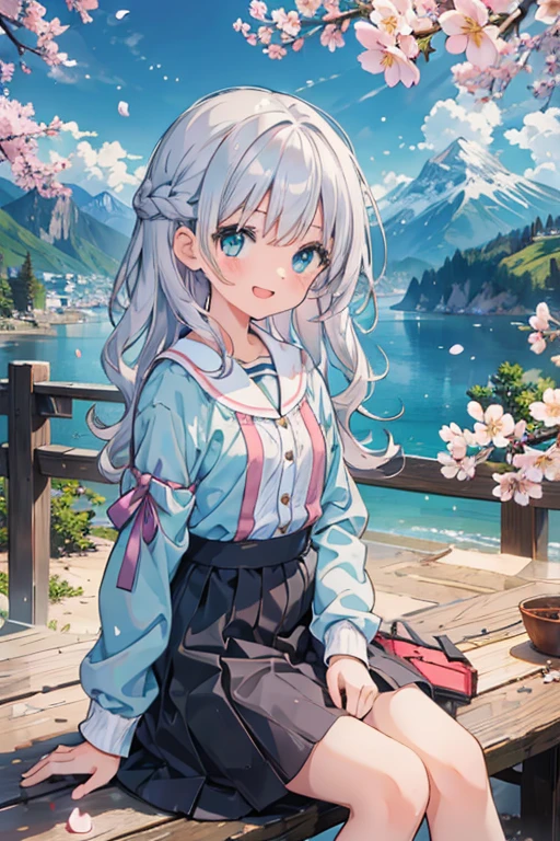 (masterpiece),  scenery,  mountainous horizon,  cherry blossoms,  petal,  particles of light,  Upper body,  1 girl,  crew,  wavy hair,  floating hair,  smile,  sitting,  open your mouth,  particles of light,  silver hair,  aqua eye,  looking at the viewer,  face focus