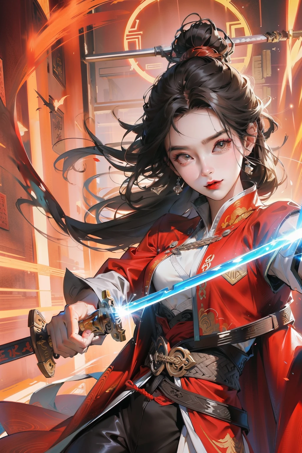 Chinese style, ancient battlefield, Female general of ancient China, holding a sword in her hand, grim expression, whole body, amazing facial features, red robe, armor, boots, Yellow sand in the sky, escape the crowd, fire light, game model, stunning lighting, c4d, OC rendering, rim light, delicate light, masterpiece, super detailed, epic work, ultra high definition, high quality, best quality, 32k