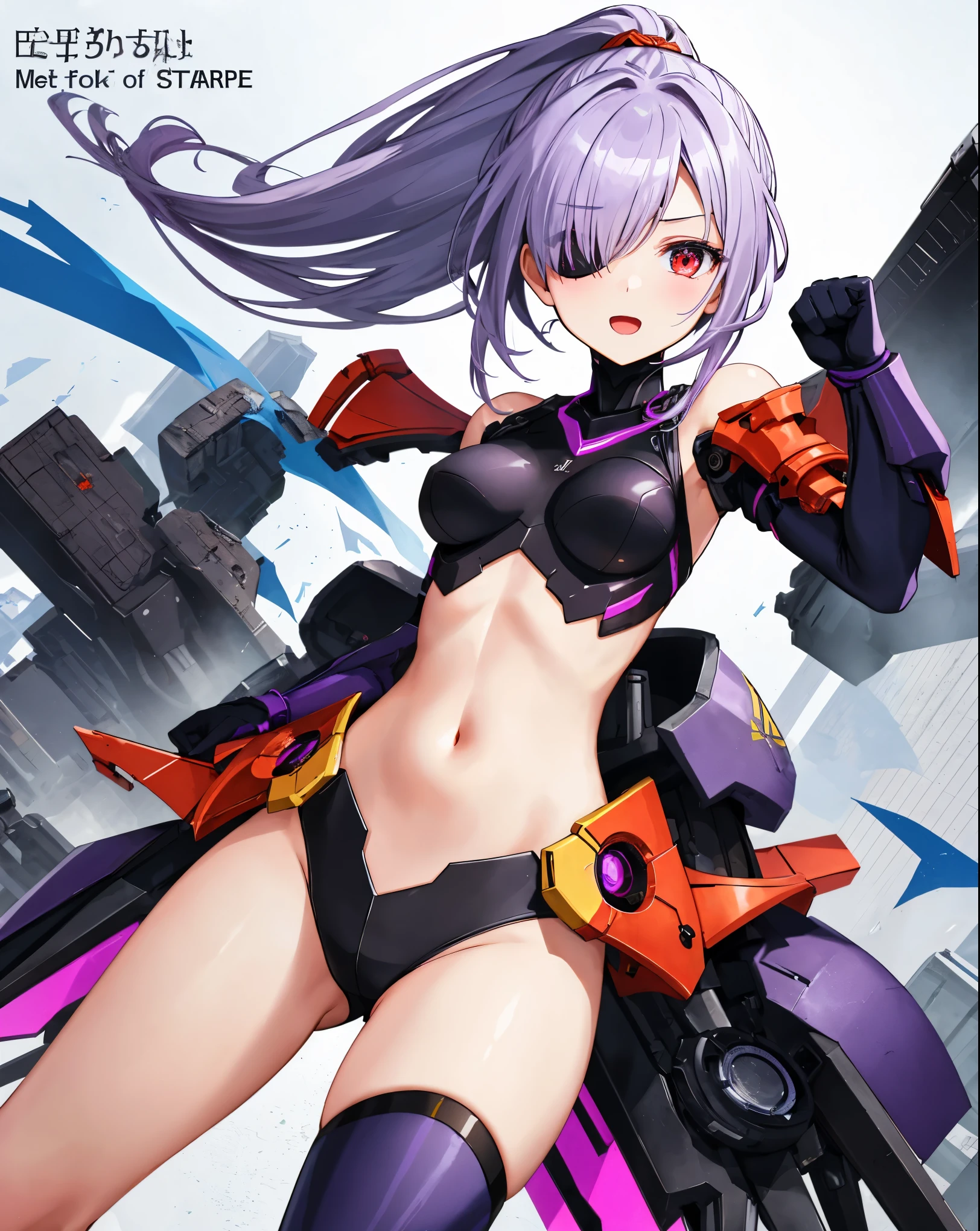 ,1girl,(:1.5), (short_ponytail:1.3), (light_whitish_purple_hair:1.3),black_mechanical_armor_parts,white_breasts_parts_red_black_body_suit,bare_shoulder,bare_slender_thighs,medium_breasts,city_background,Stinging_eyes,sleepy,thighhigh_greaves,gauntlets,dynamic_posing,bare_frank,metal_red_parts_armor,red_eye,solo,
fists,hold_weapon,glare,navel,large_mechanical_parts,happy,waist_armor,open_mouth,rise_legs,apart_legs, (covered_navel:1.3),(very_long_bangs:1.3), (hair_over_one_eye:1.5),(long_bang_covers_right_half_of_face:1.5),
(covered_pussy:1.1),covered_breasts,fighting,