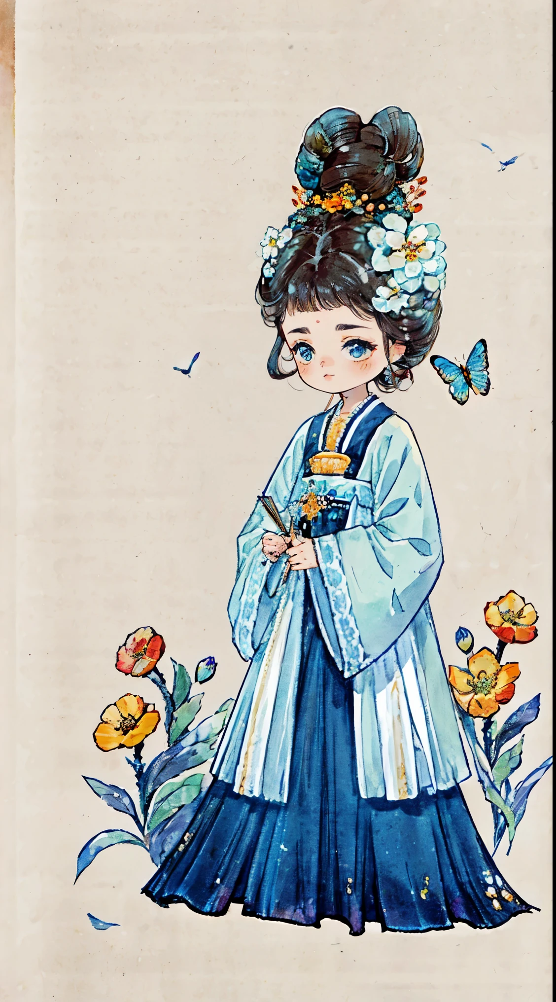 1 Sister, Alone, looking at viewert, face flushed, Background with, black hair color hair, hair adornments, longer sleeves, white backgrounid, everlasting, Full body lesbian, blue colors, flowers blooming, hairflower, hair-bun, butterflys, tmasterpiece, recent quality, The finest details, Clear facial features, beautidful eyes