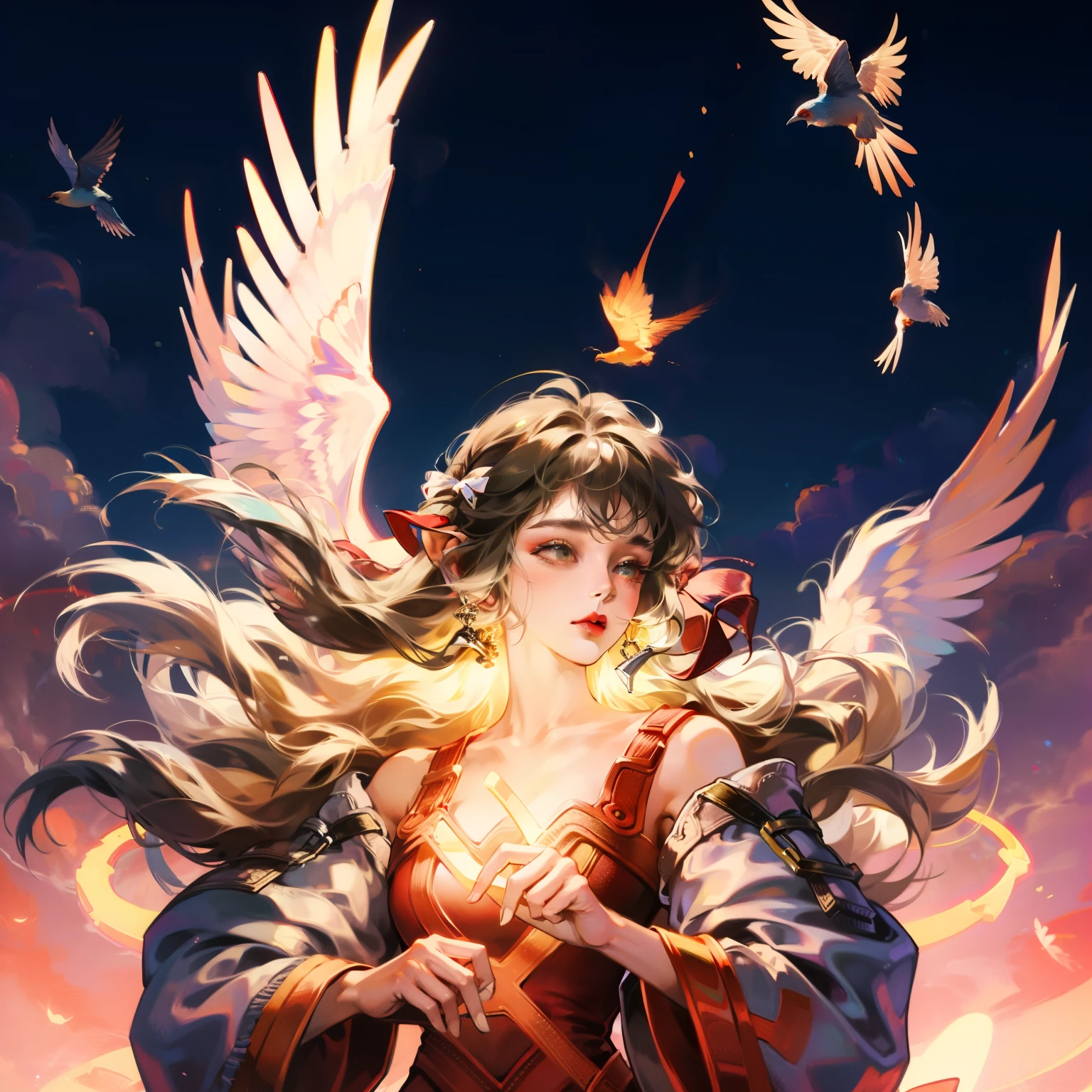 The scene is atmospheric、open, Pictures of ancient sacrifices, smoky, Birds dancing in human clothes, Sunday, (Detailed clothing details, Delicate clothing lighting), looming, Detailed bird feather details, Complicated visuals, (Full of weird and mysterious pictures),