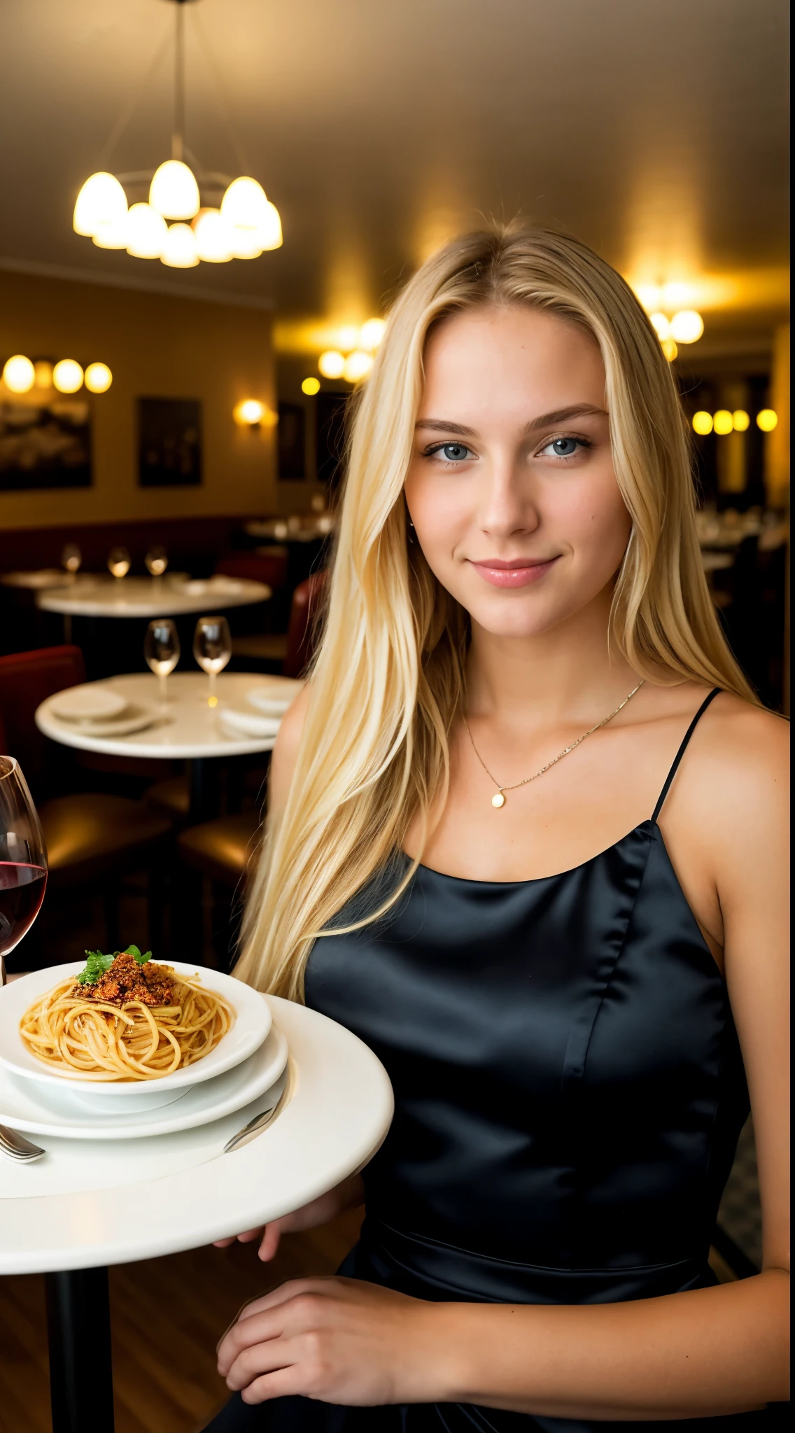 1girl, 20 years old, A sexy, blond long hair, blue eyes, black dress, spaghetti plate fancy restaurant, soft orange light, glass of wine, white table, woden flooring, not looking at camera, iphone photo
