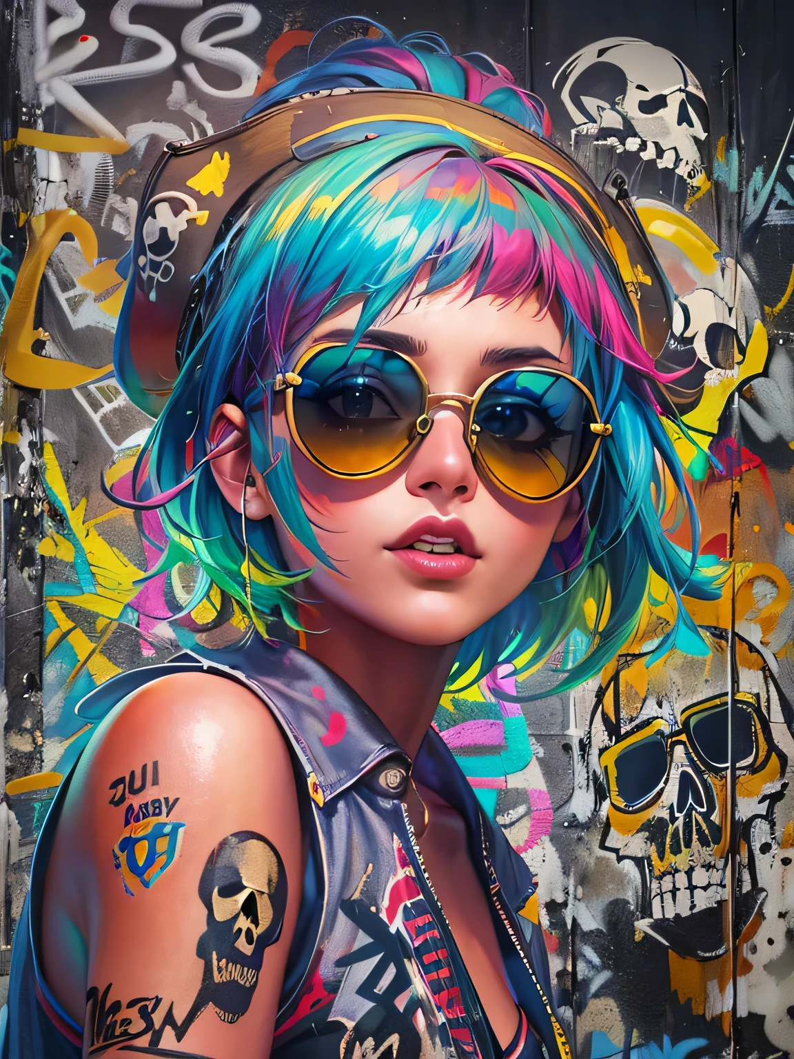 8K resolution、((highest quality))、((masterpiece))、((Super detailed))、1 female、alone、The strongest beautiful girl of all time、((incredibly absurd))、(((Stylish sunglasses))), pirate hat,neon、short cut hair、 (((skull graffiti art))), colorful hair,