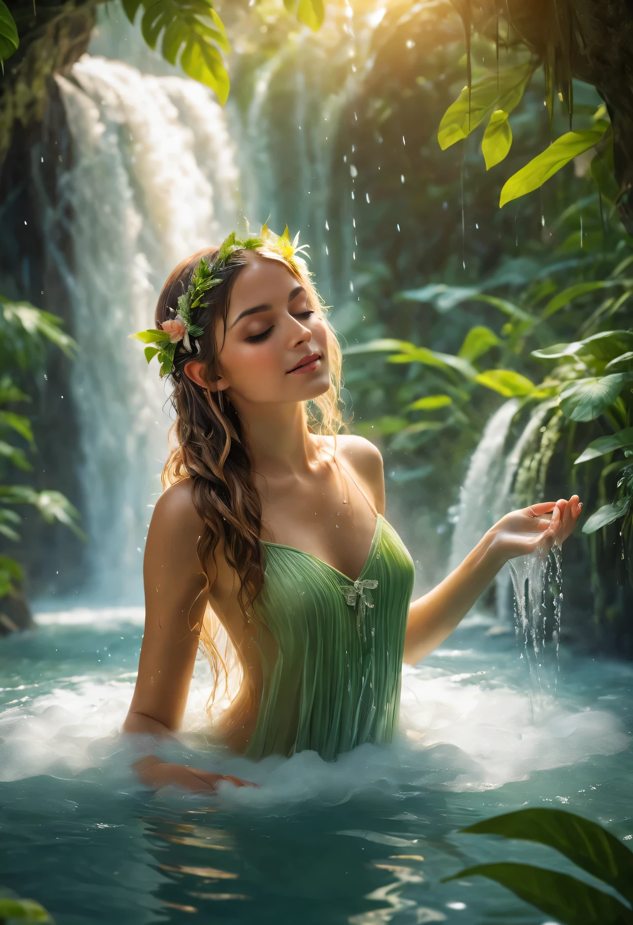 (a beautiful fairy taking a bath under a waterfall),water droplets,Rejuvenate,shiny,flowing water,charming atmosphere,Lush green plants,serene,ethereal,Soft, flowing hair,Mysterious aura,sunlight through the trees,magical environment,translucent wings,Reflections shimmering on the water,airy,Beautifully,happy expression,Refreshing,tropical paradise,bright colors,harmony between nature and fairy,Crystal clear pool,peaceful,magical creatures,breeze,The warm sunshine caresses the skin,nature whispers,Sensory delight,escape from reality.