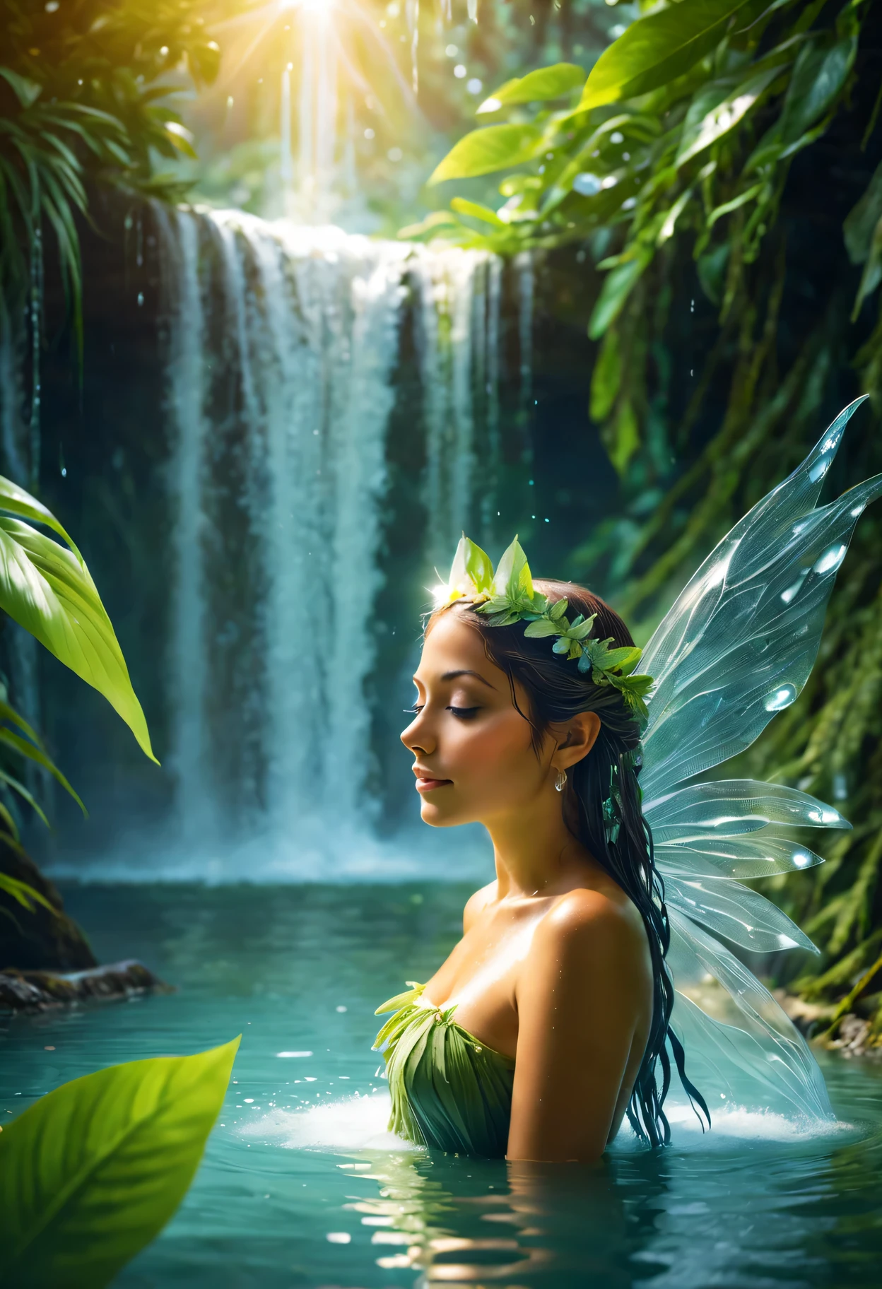 (a beautiful fairy taking a bath under a waterfall),water droplets,Rejuvenate,shiny,flowing water,charming atmosphere,Lush green plants,serene,ethereal,Soft, flowing hair,Mysterious aura,sunlight through the trees,magical environment,translucent wings,Reflections shimmering on the water,airy,Beautifully,happy expression,Refreshing,tropical paradise,bright colors,harmony between nature and fairy,Crystal clear pool,peaceful,magical creatures,breeze,The warm sunshine caresses the skin,nature whispers,Sensory delight,escape from reality.