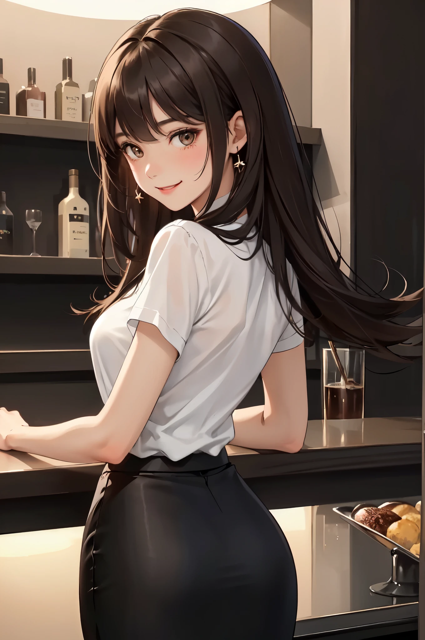 1 lady only, /(Looking back from behind/), adult, /(pencil skirt/) /(black skirt/), /(brown hair/) Bangs, Blushing kind smile, (Masterpiece best quality:1.2) Exquisite illustrations and super detailed, arms down, /(Bar counter night/)